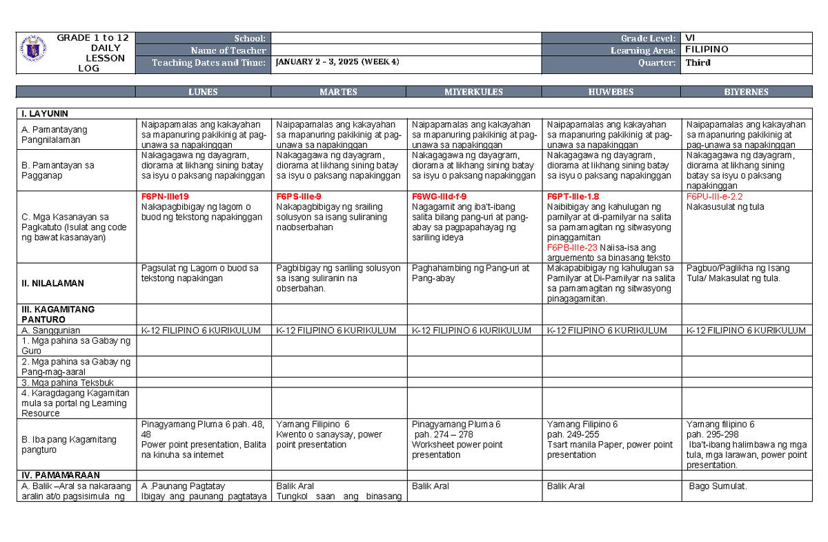 DLL Filipino 6 Q3 W4 for upload - GRADE 1 to 12 DAILY LESSON LOG School ...
