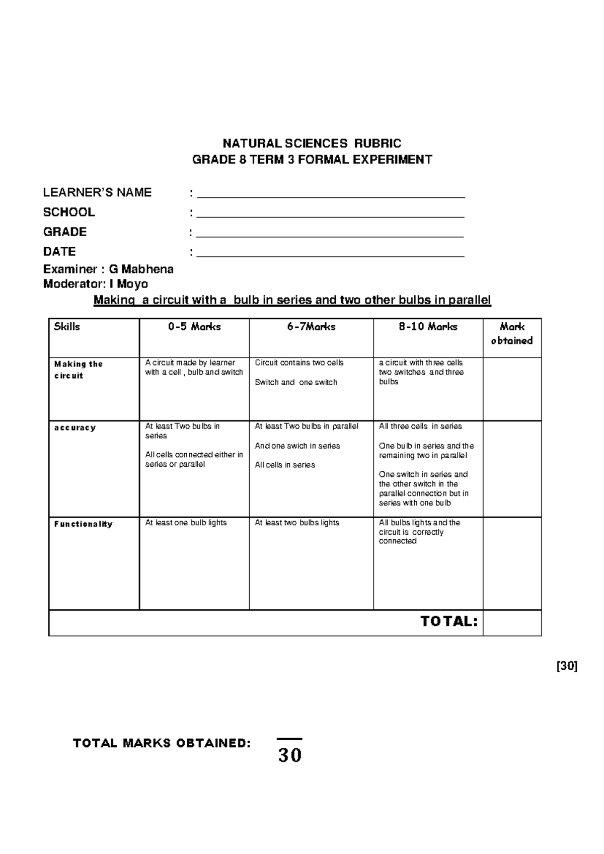 Grade 8 Natural Science Term 3 Experiment Rubric - Studocu