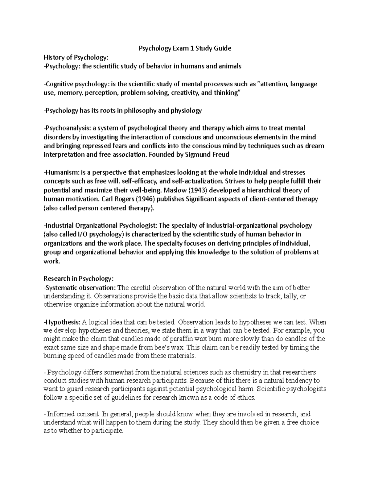 Psychology 101: Exam 1 Study Guide on History & Research Methods - Studocu