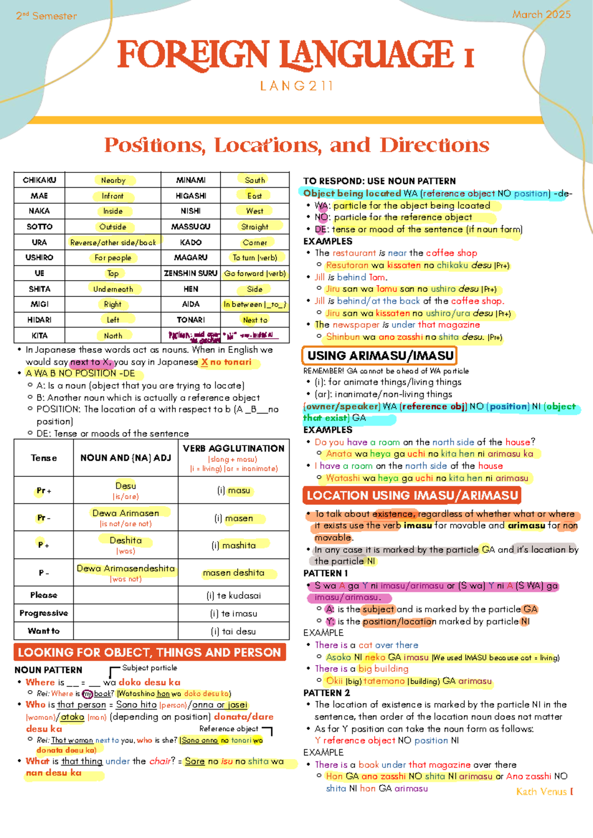 Positions, Locations, and Directions in Japanese (LANG211) - Studocu