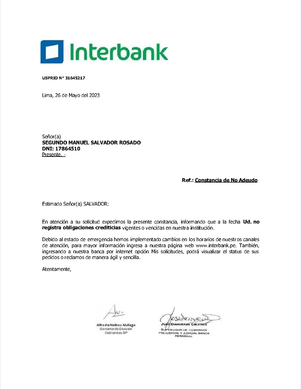 Constancia de No Adeudo - Interbank - Segundo Manuel Salvador - Document Preview