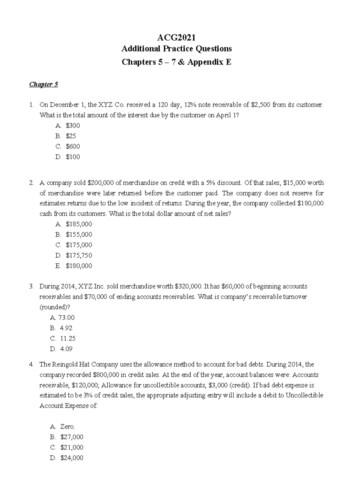 ACG2021 Additional Practice Questions: Chapters 5-7 & Appendix E - Studocu