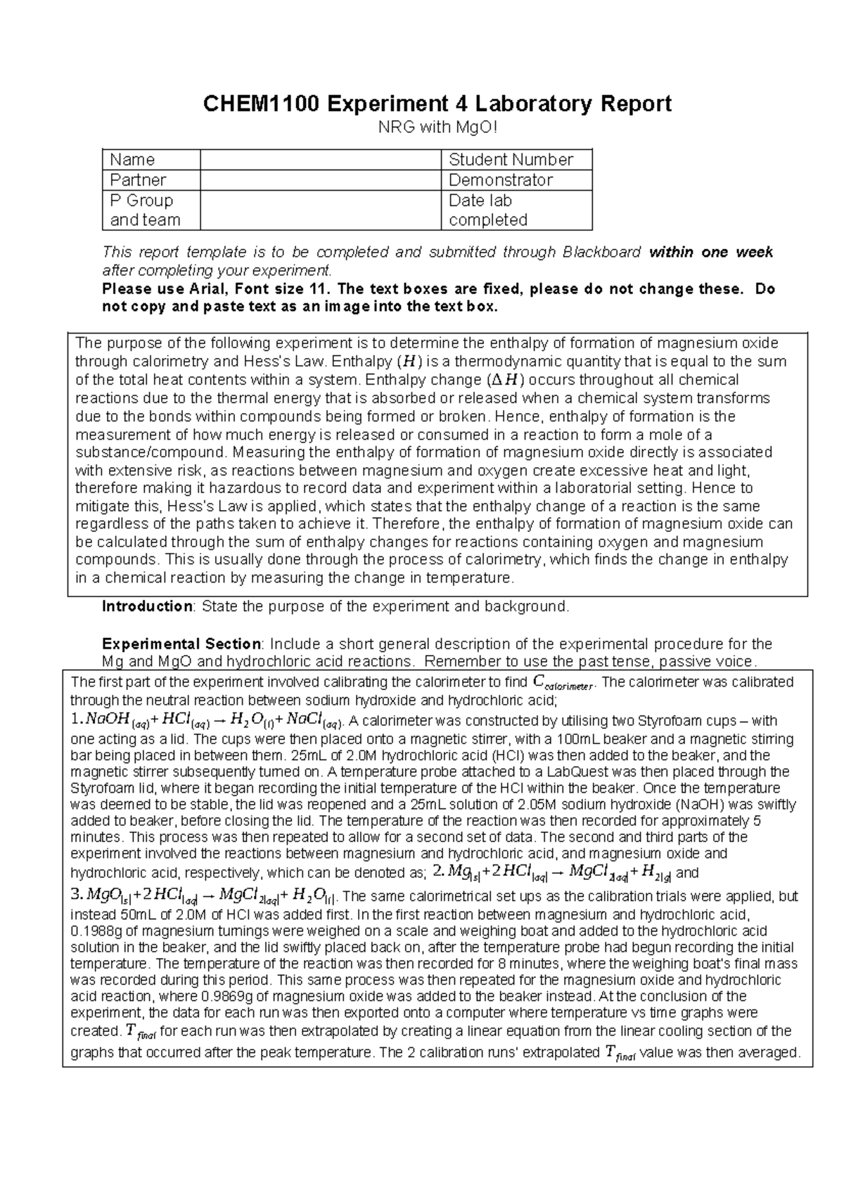 CHEM1100 Experiment 4: Enthalpy of Formation of MgO Lab Report - Studocu