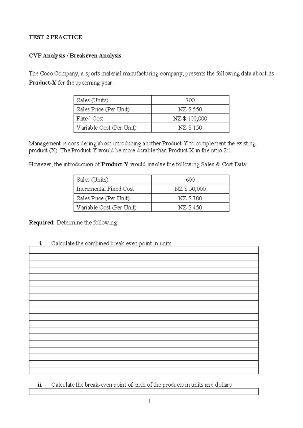 TEST 2 Practice: CVP & Breakeven Analysis for Coco Co. - Studocu