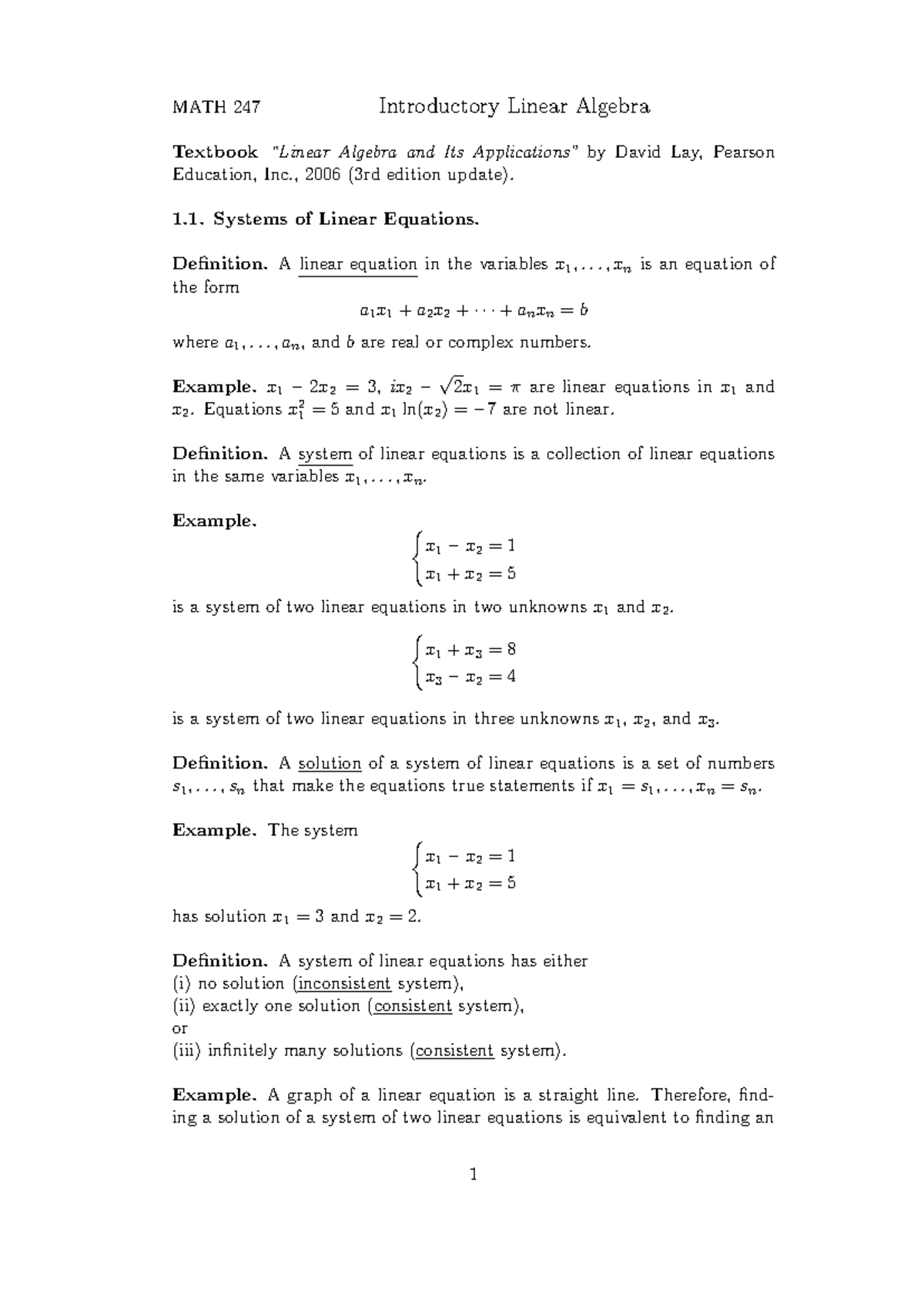 MATH 247 Lecture Notes: Linear Algebra Concepts and Examples - Studocu