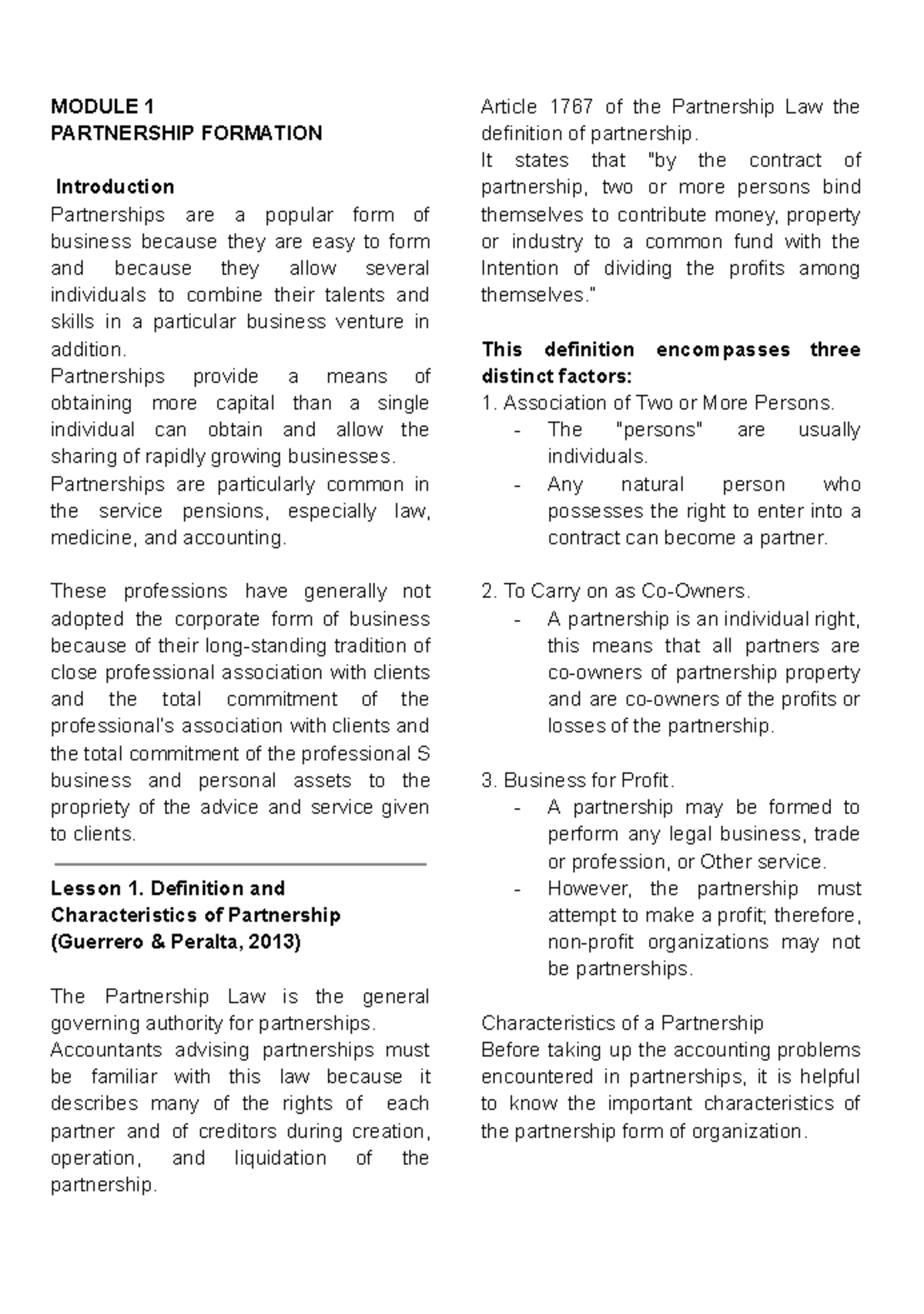 ADV ACTG1 - Lesson Notes on Partnership Formation and Characteristics ...