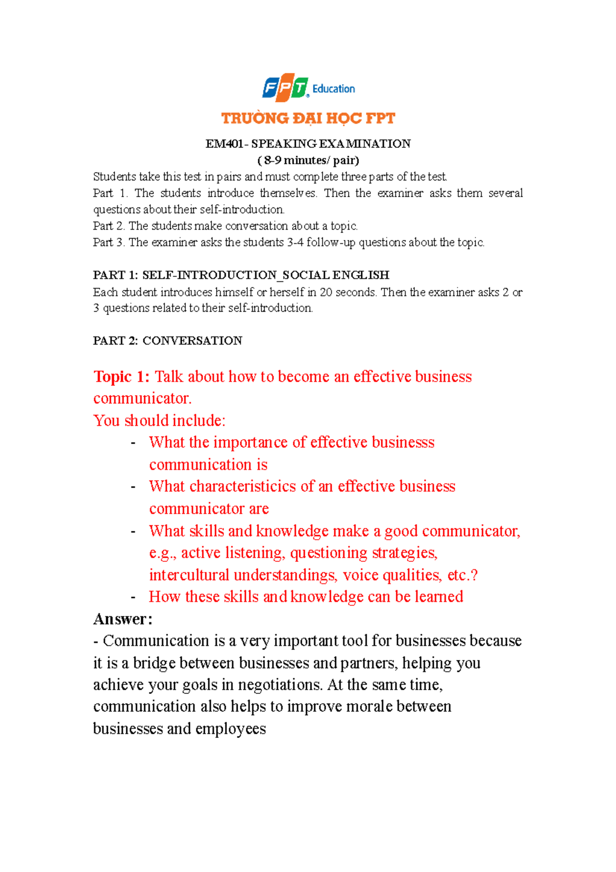 ENM401 - Speaking Exam Overview and Key Topics - Studocu