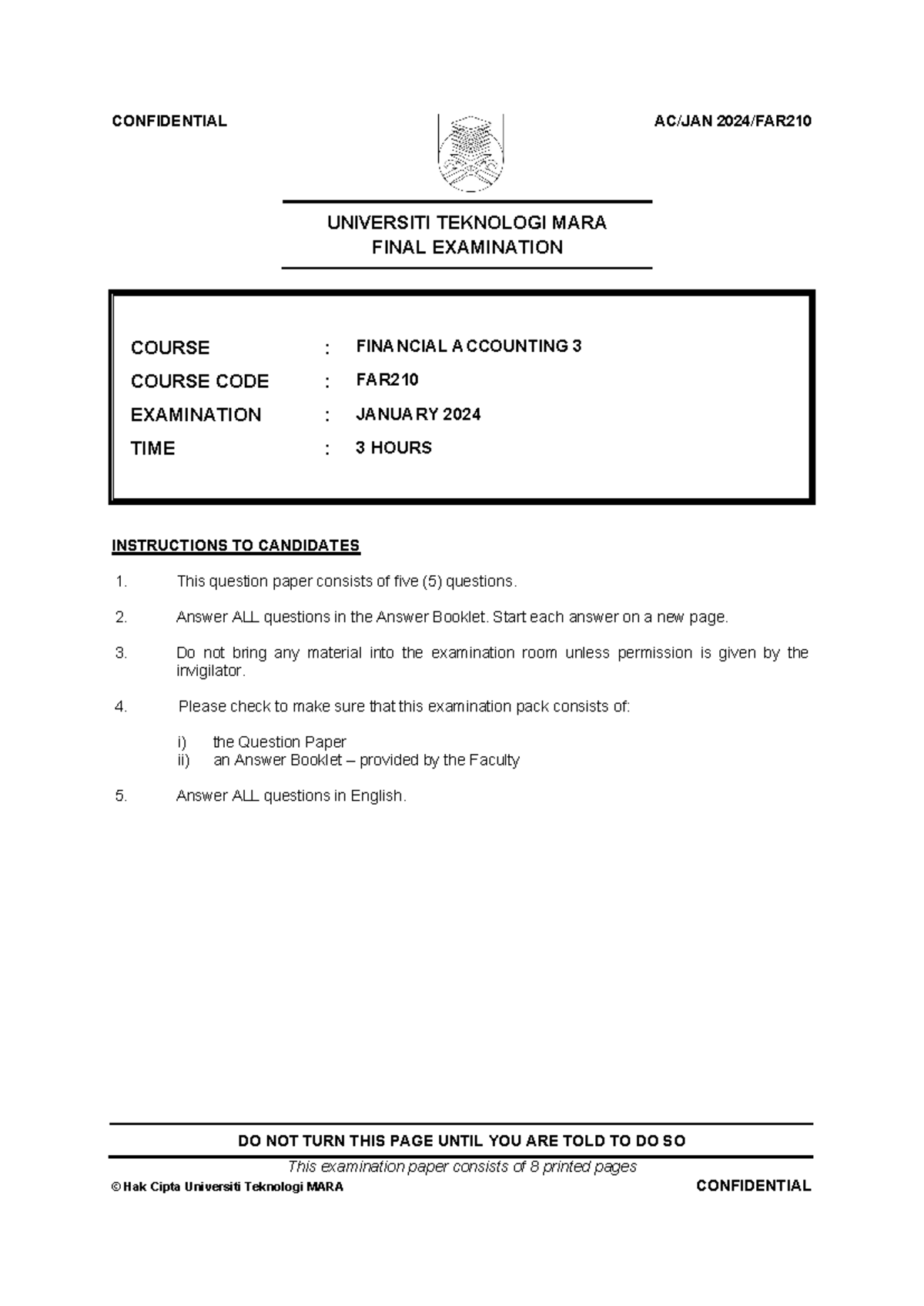 FE FAR210 JAN2024 - Financial Accounting 3 Final Exam Paper - Studocu