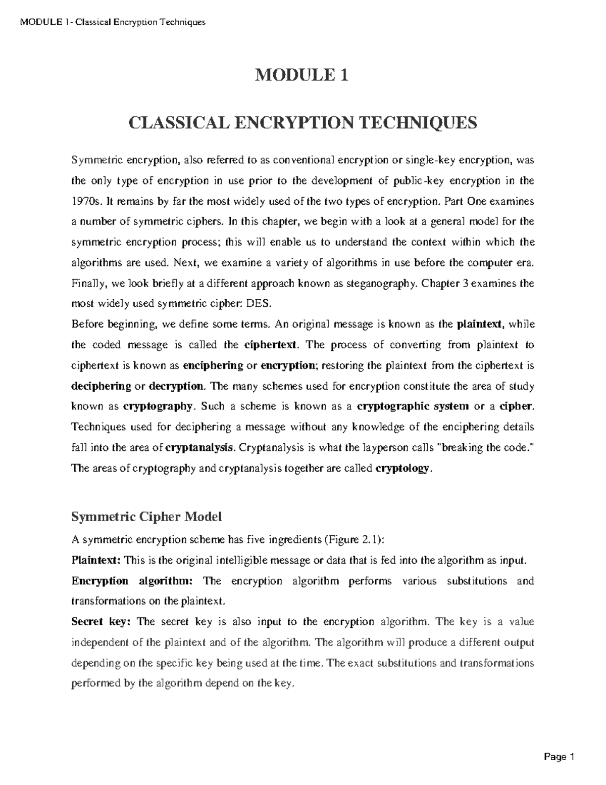 Cryptography M 1 18CS744 - CLASSICAL ENCRYPTION TECHNIQUES Symmetric ...
