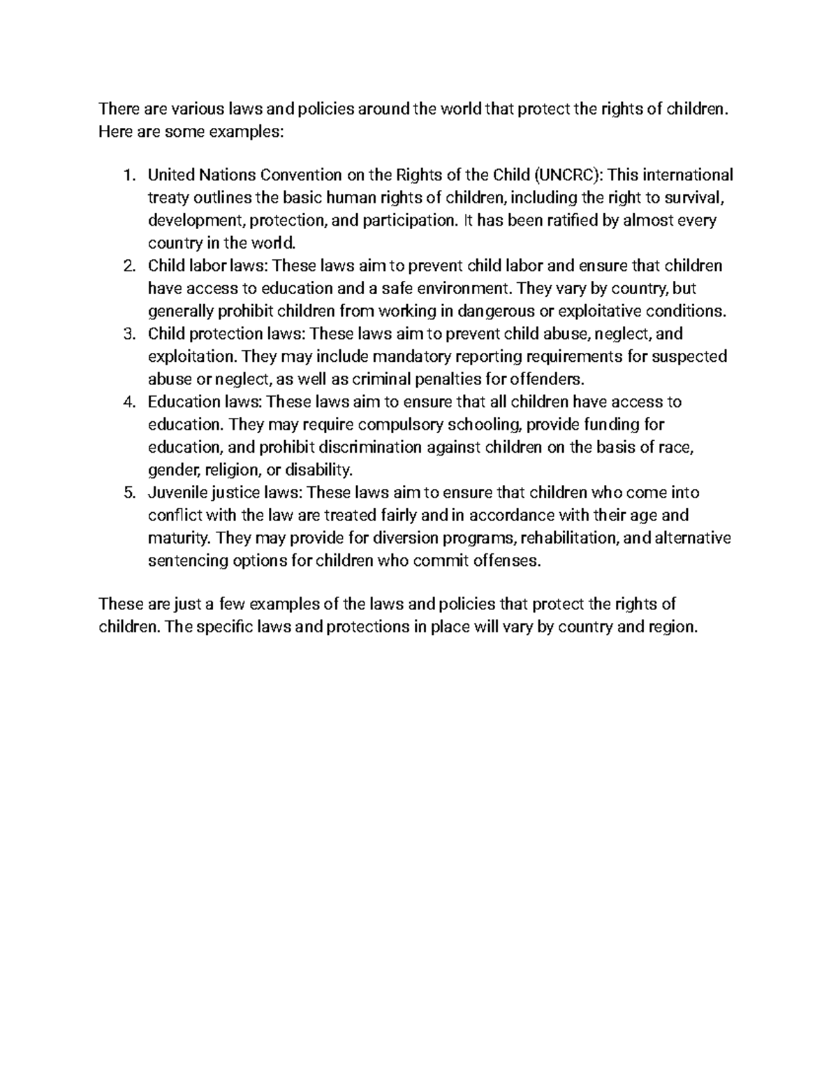 Children's Rights: Key Protections and Global Laws - Homework Example ...