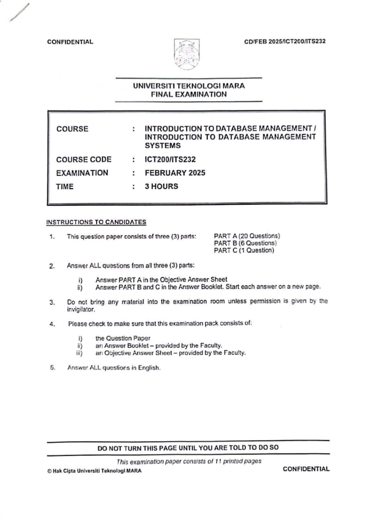 ICT FEB2025 - Final Exam Paper for Introduction to Database Management ...