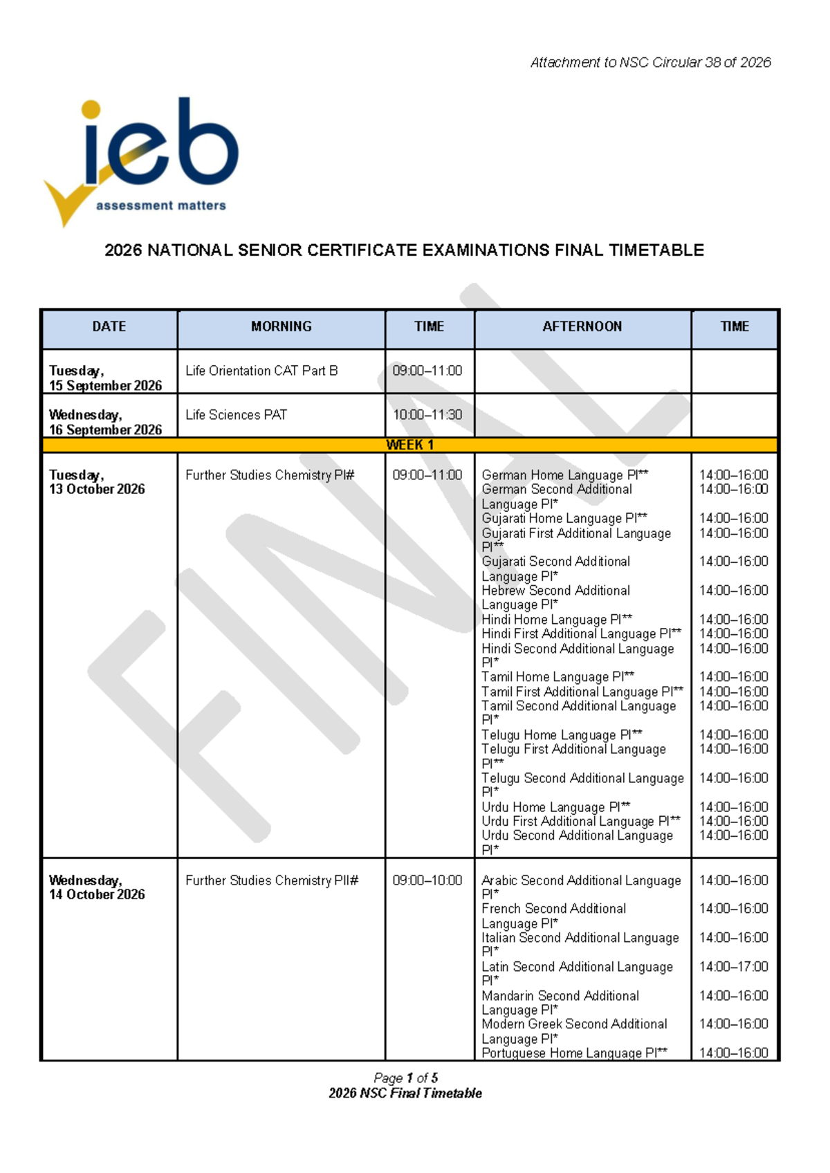 2026 NSC Final Exam Timetable for November Examinations - Studocu