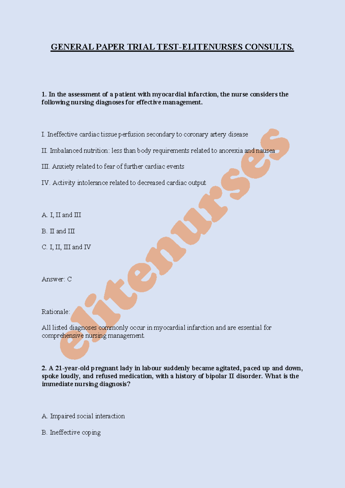 General Paper FREE Trial TEST - Elitenurses Consults - Studocu