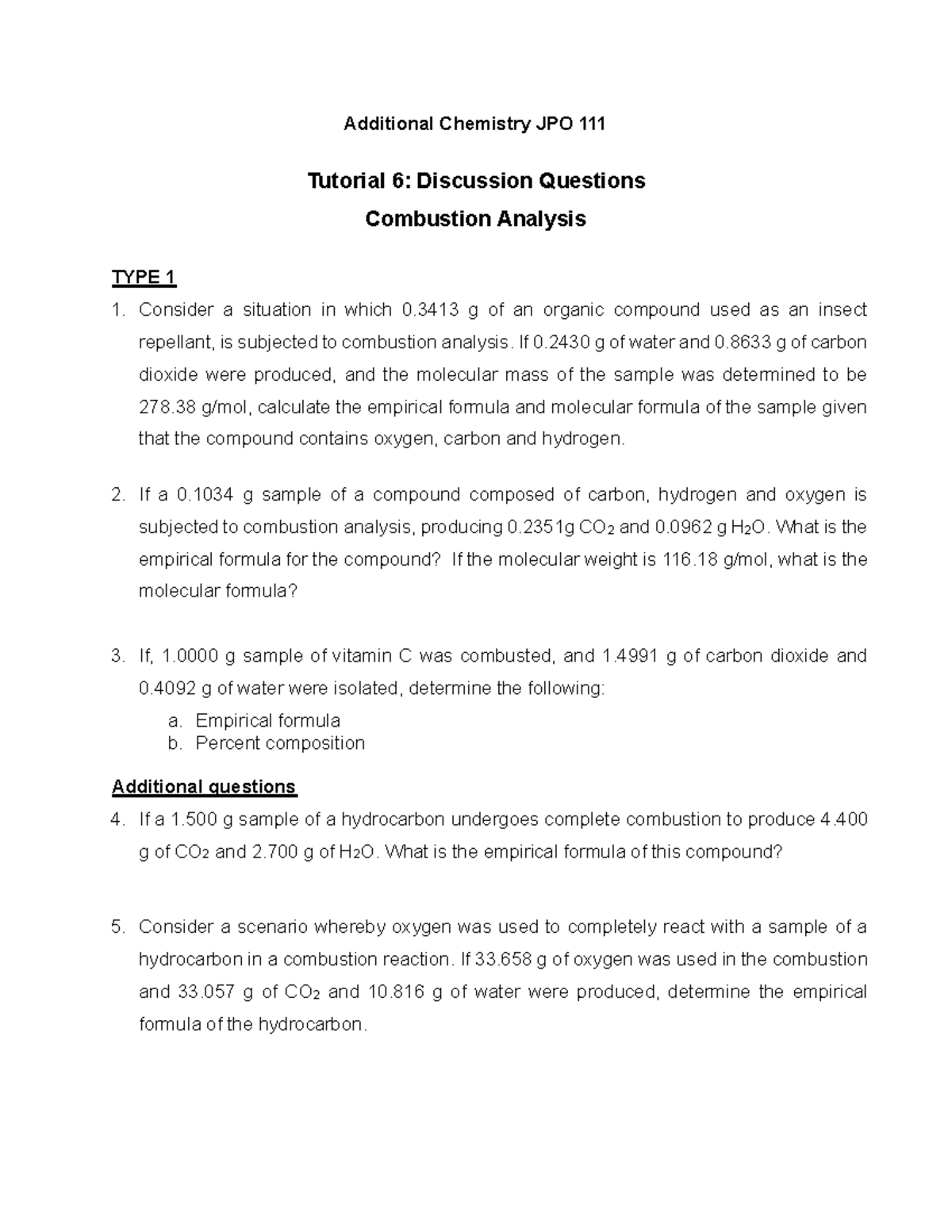 Chemistry JPO Tutorial 6: Combustion Analysis Questions - Studocu