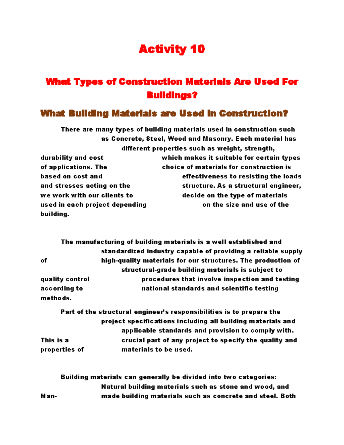 Activity 10: Overview of Construction Materials and Their Uses - Studocu