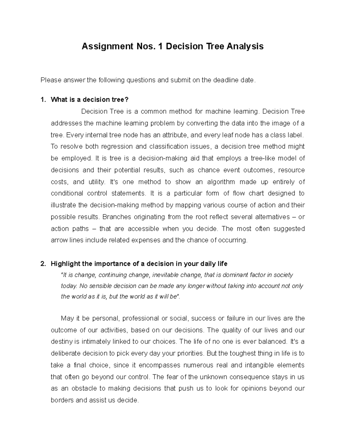 Assignment 1: Comprehensive Analysis of Decision Tree Methodology - Studocu