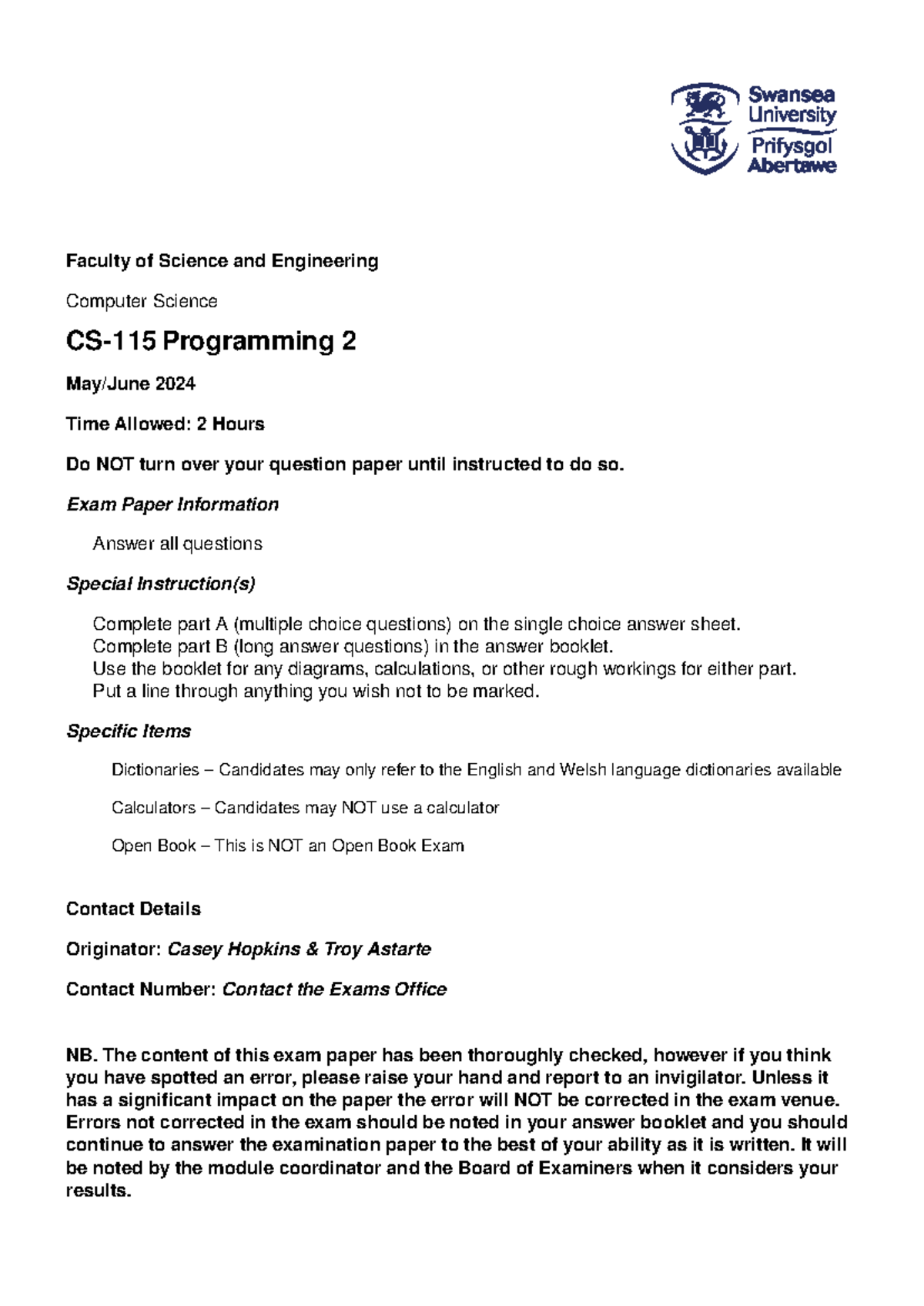 CS-115 2324 - Programming 2 Final Exam Paper - Studocu