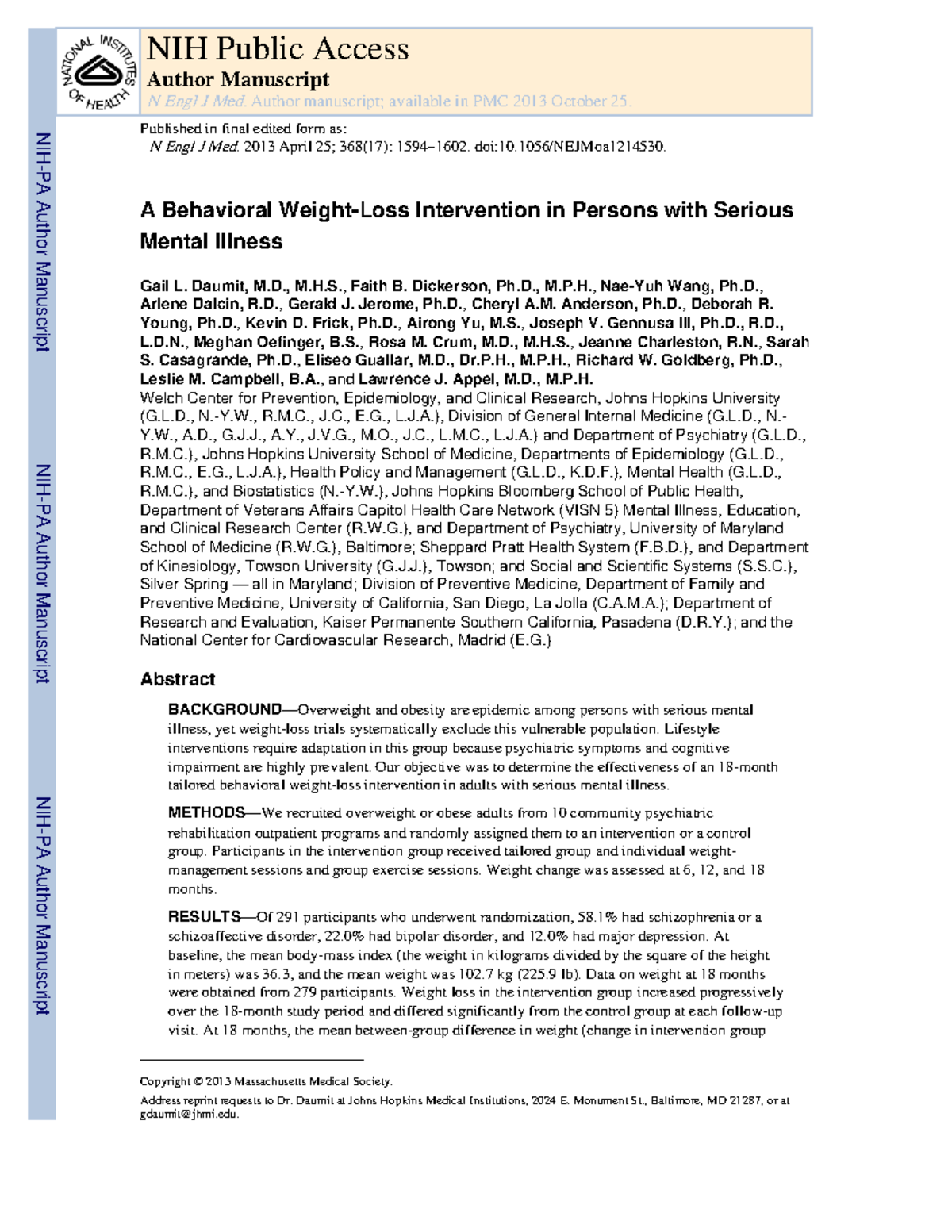 Behavioral Intervention for Weight Loss in Serious Mental Illness (N ...