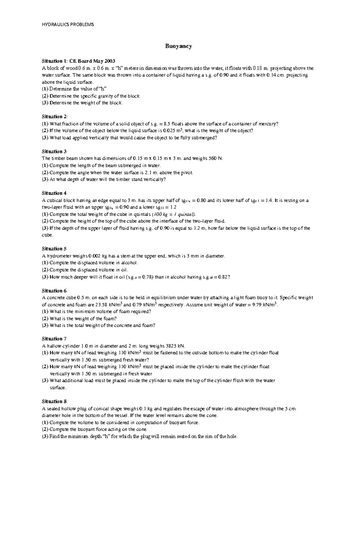 Final Exam Notes: CE 2003 Hydraulics - Buoyancy Problems - Studocu
