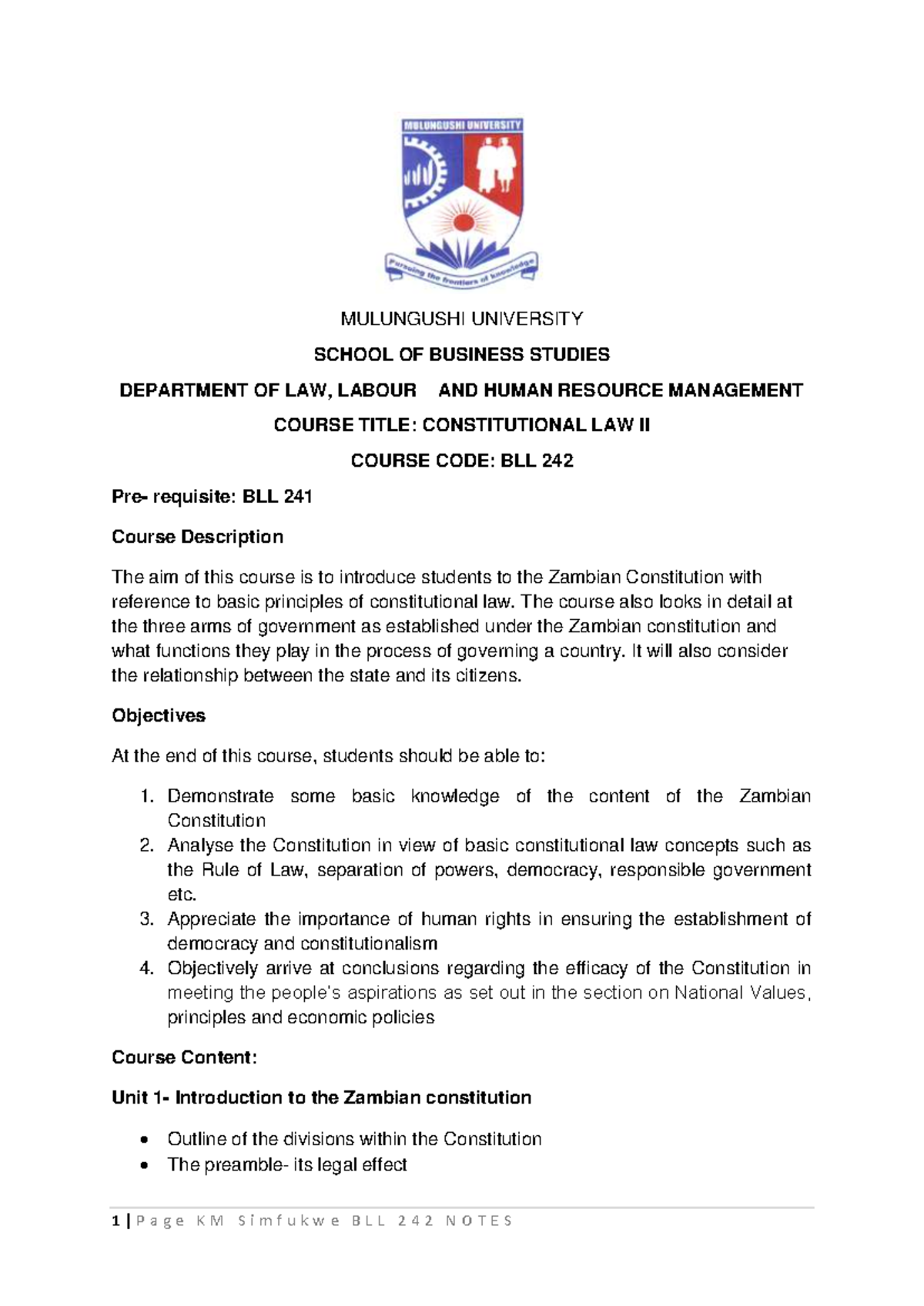 Constitutional Law II Notes - BLL 242 at Mulungushi University - Studocu