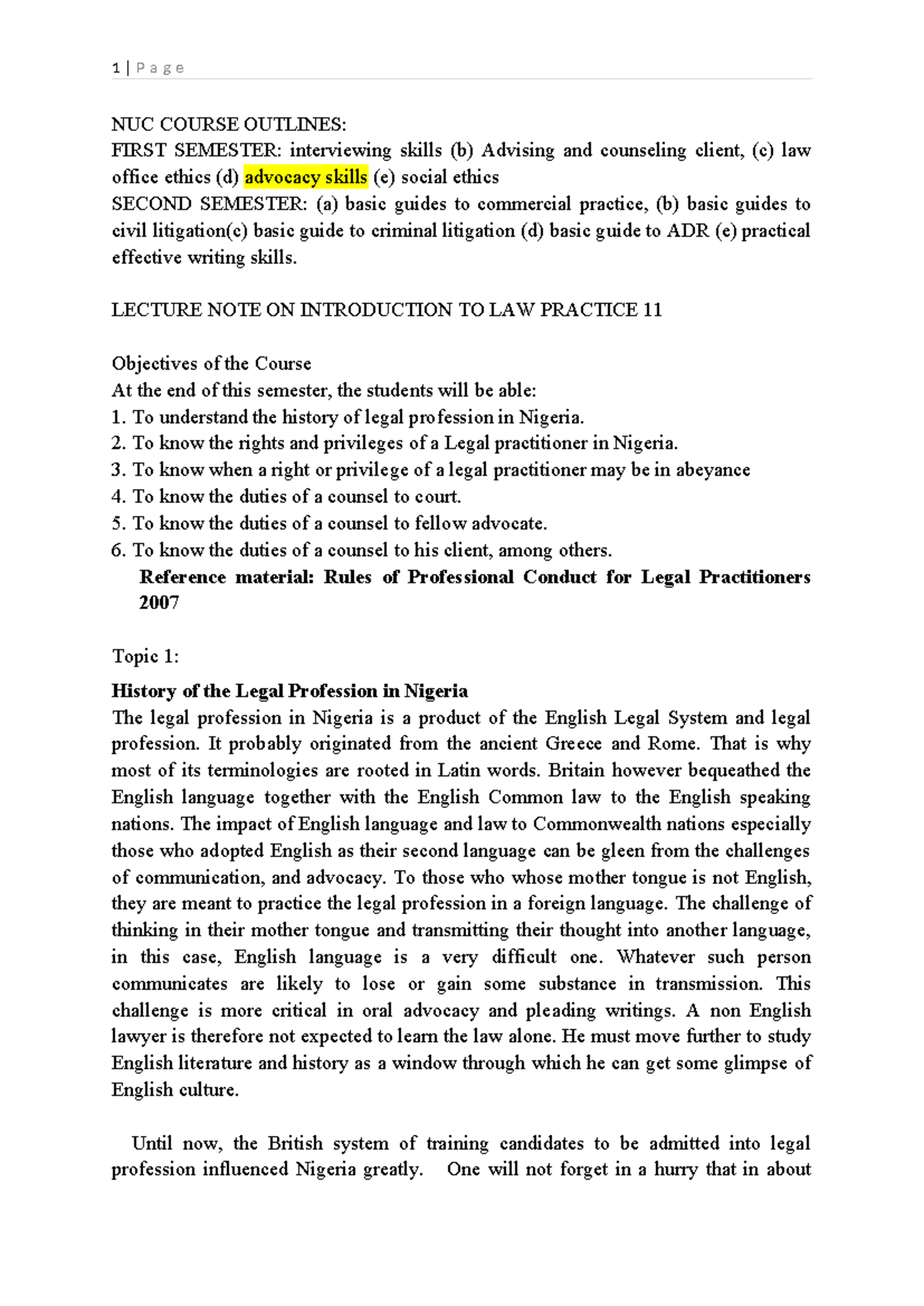 NUC LAW 101: Lecture Notes on Introduction to Law Practice - Studocu