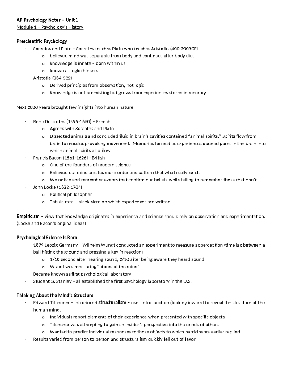 AP Psychology Notes – Unit 1: History and Subfields Overview - Studocu