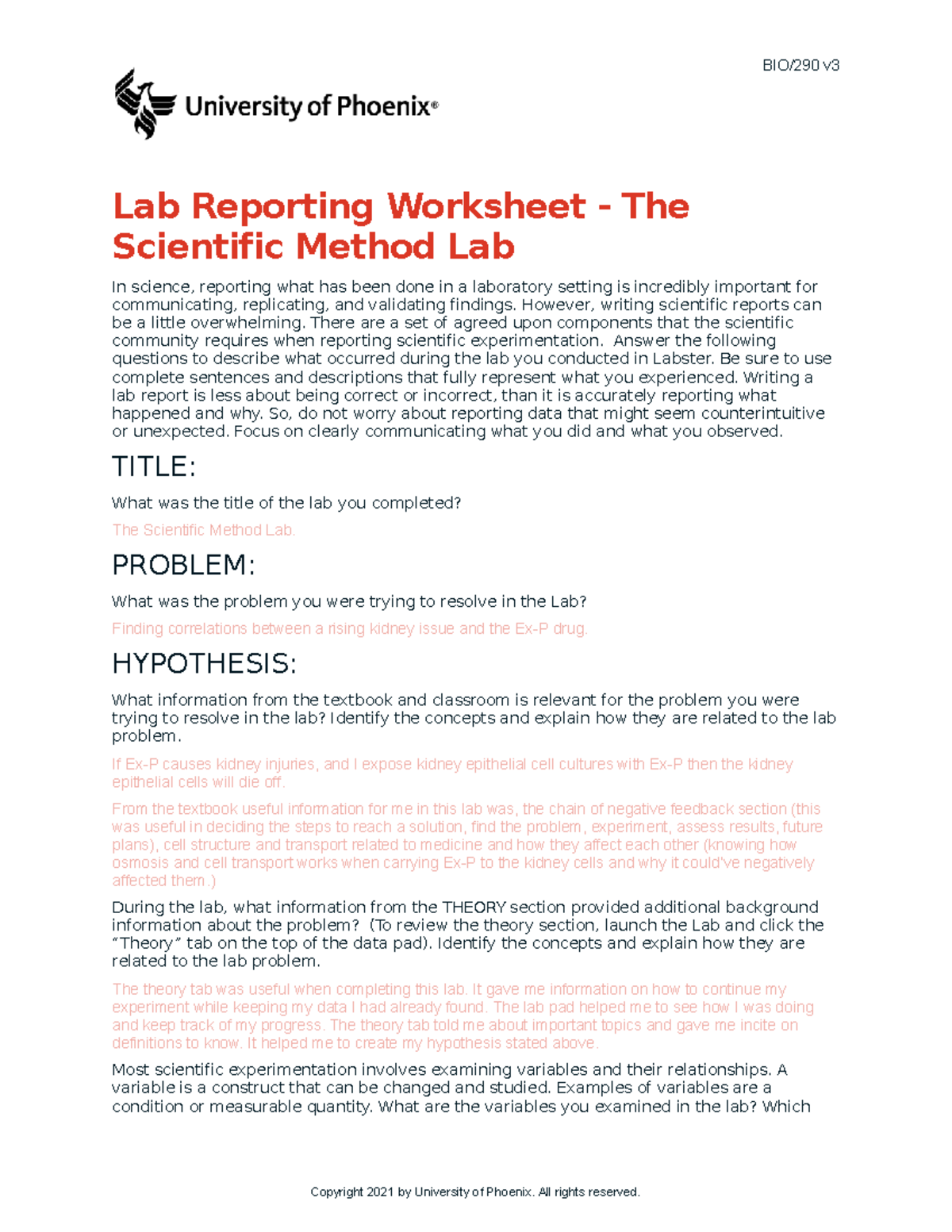 Scientific method lab report - BIO/290 v Lab Reporting Worksheet - The ...