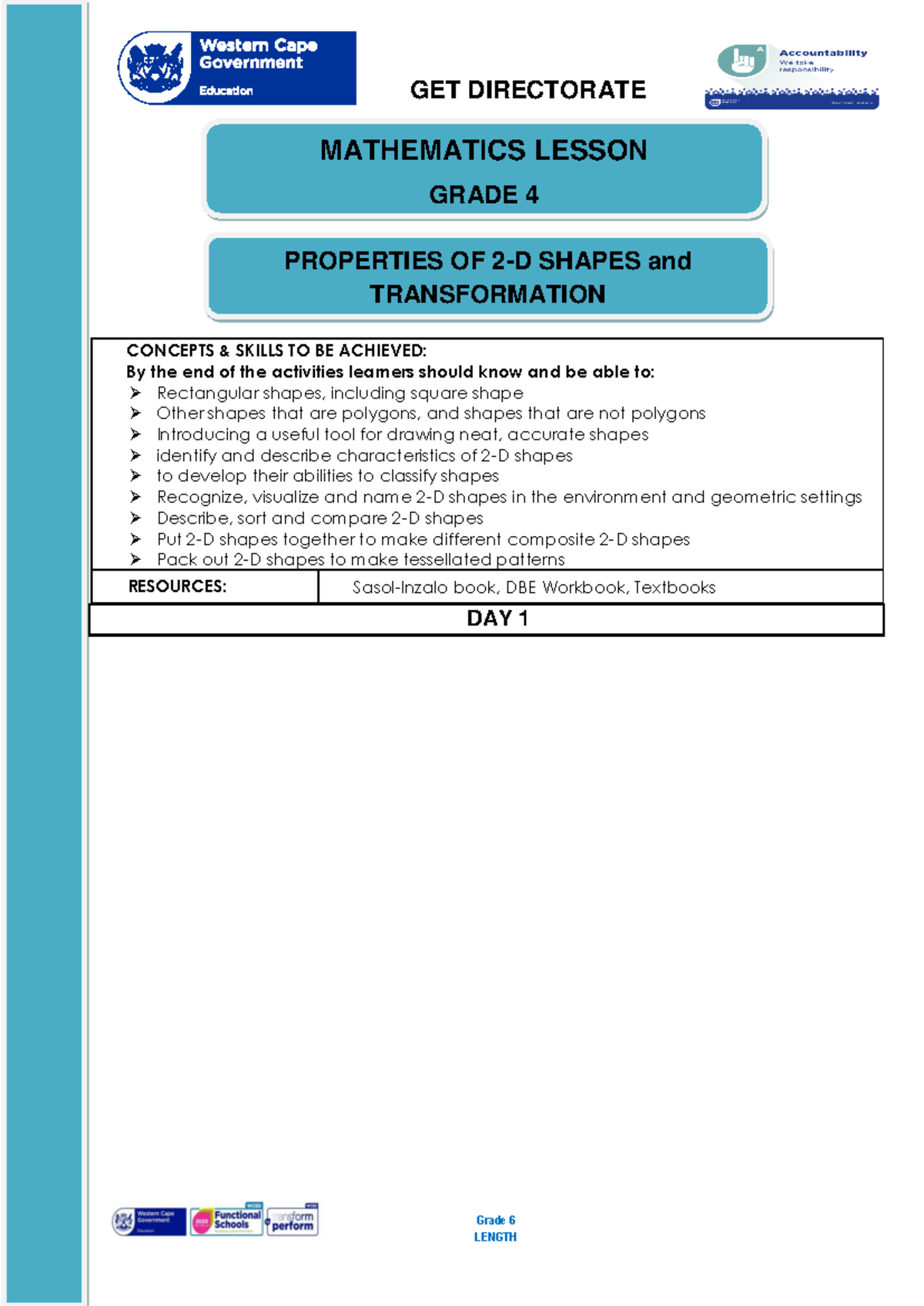 Lesson Plan Gr 4 Math Term 3: 2-D Shapes, Symmetry & Transformations ...