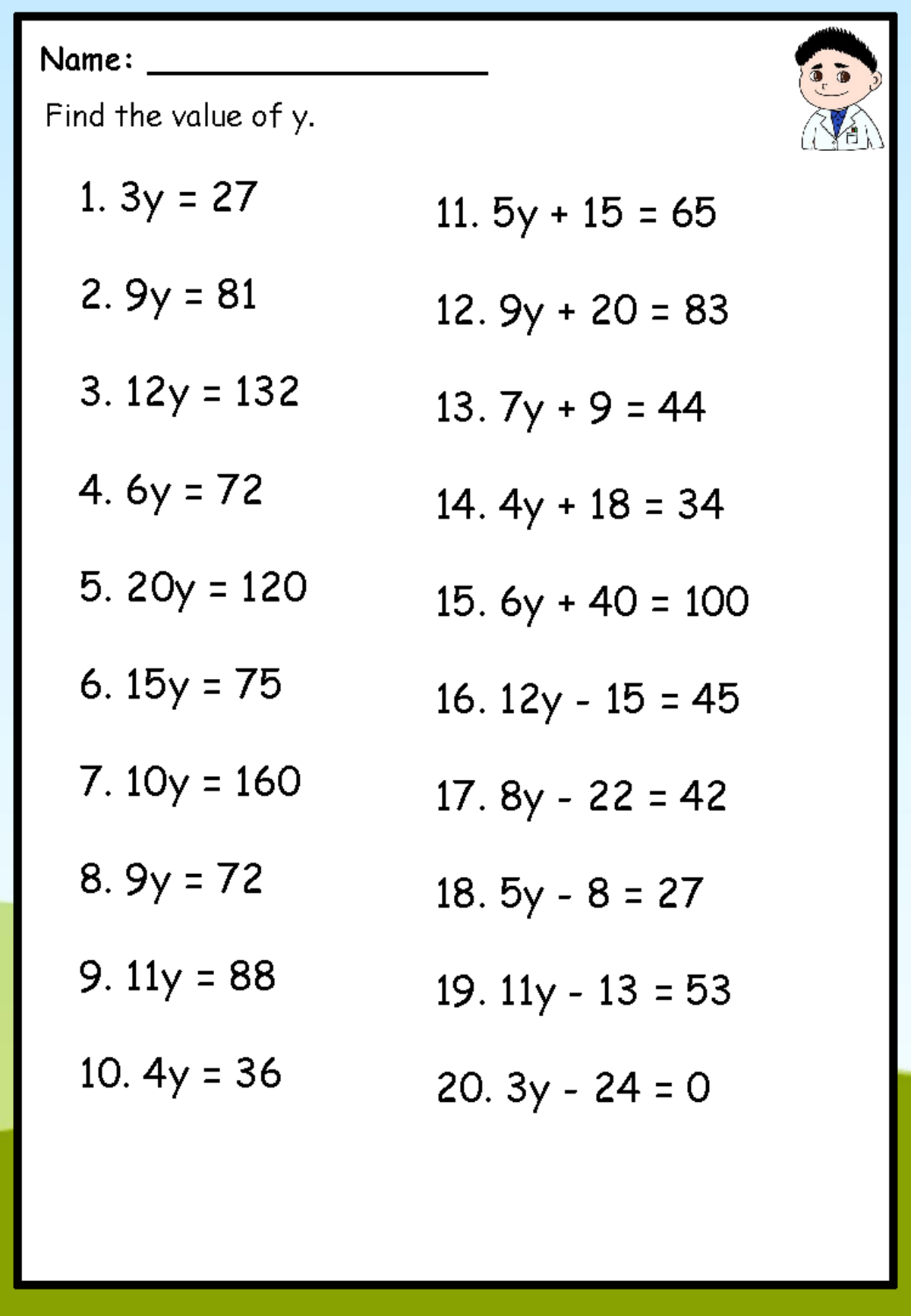 Grade 5 Algebra Worksheet 1 - De la Salle University - Name: 3y = Find ...