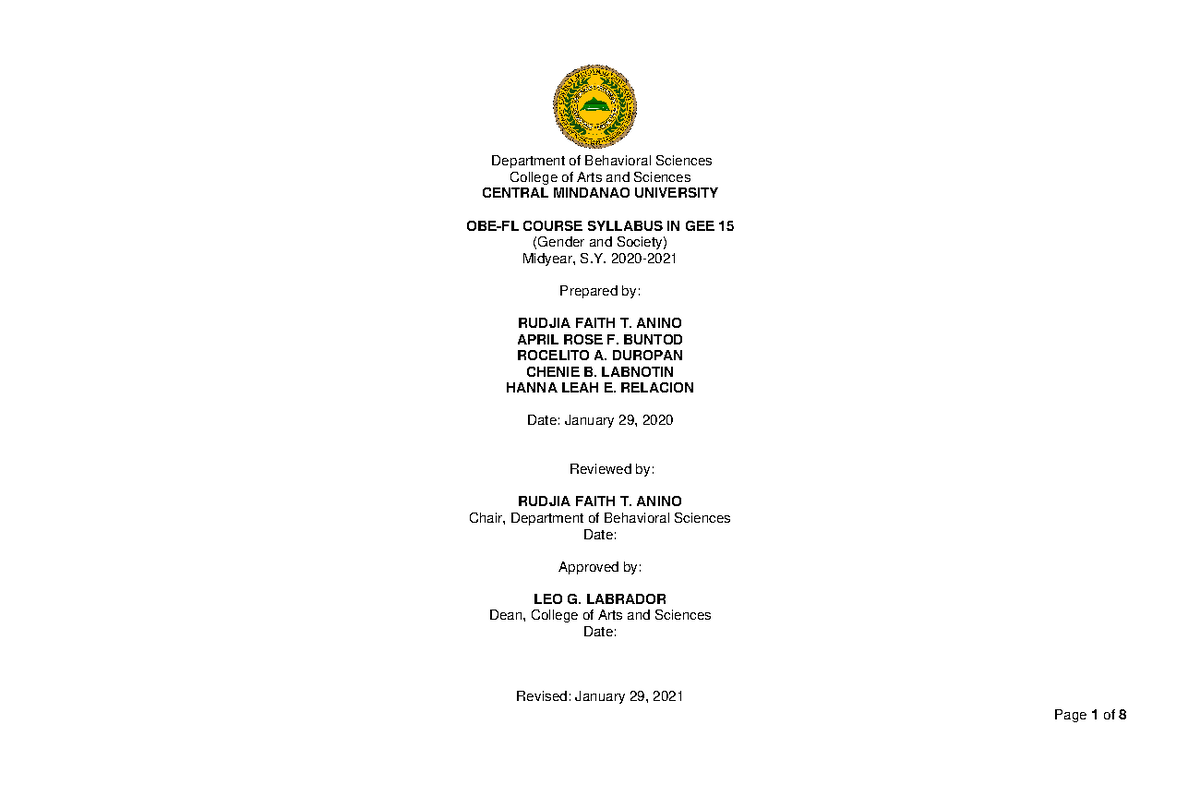 GEE 15 Course Syllabus: Gender and Society - Midyear S.Y. 2020-2021 ...