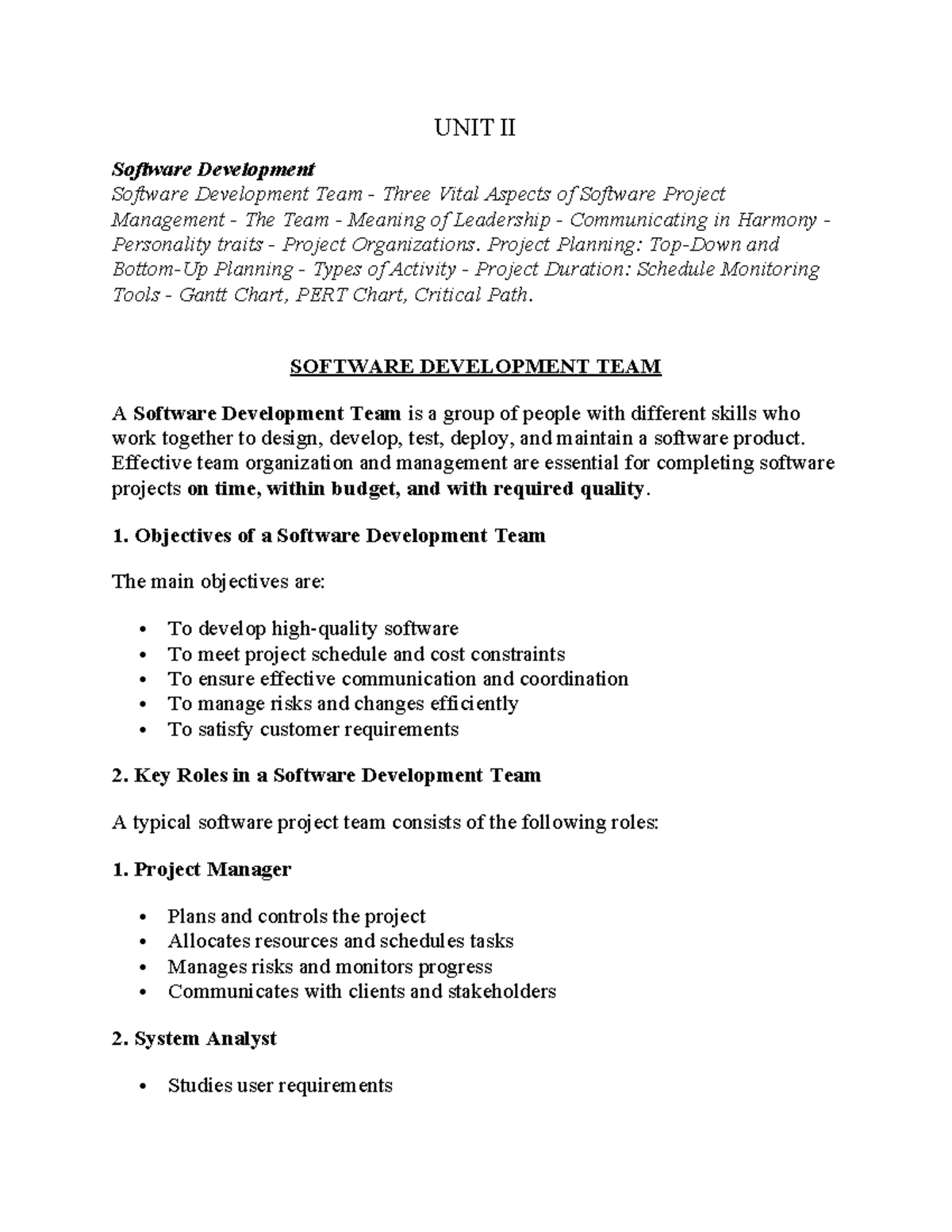 UNIT II - Software Development Team Management Notes - Studocu