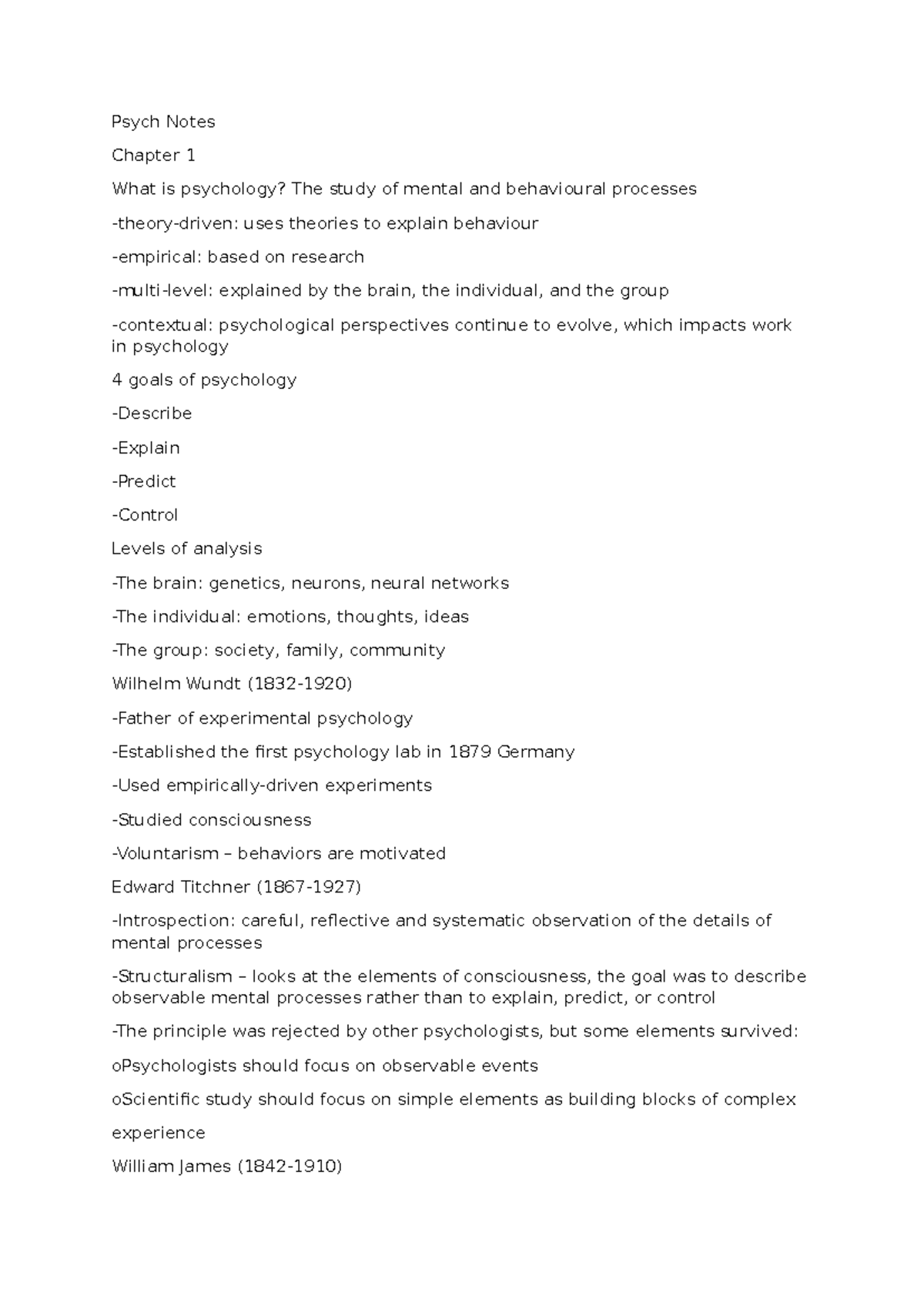 Psych Notes midterm 1 - fsd - Psych Notes Chapter 1 What is psychology ...