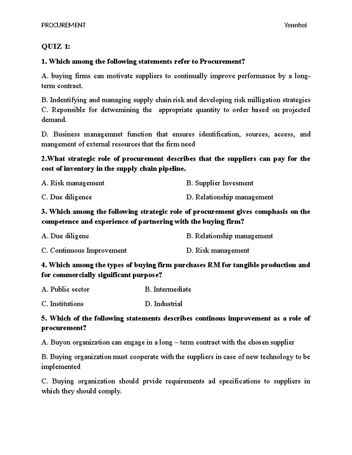 PROCUREMENT Yennhei QUIZ 1-6: Comprehensive Study Guide - Studocu