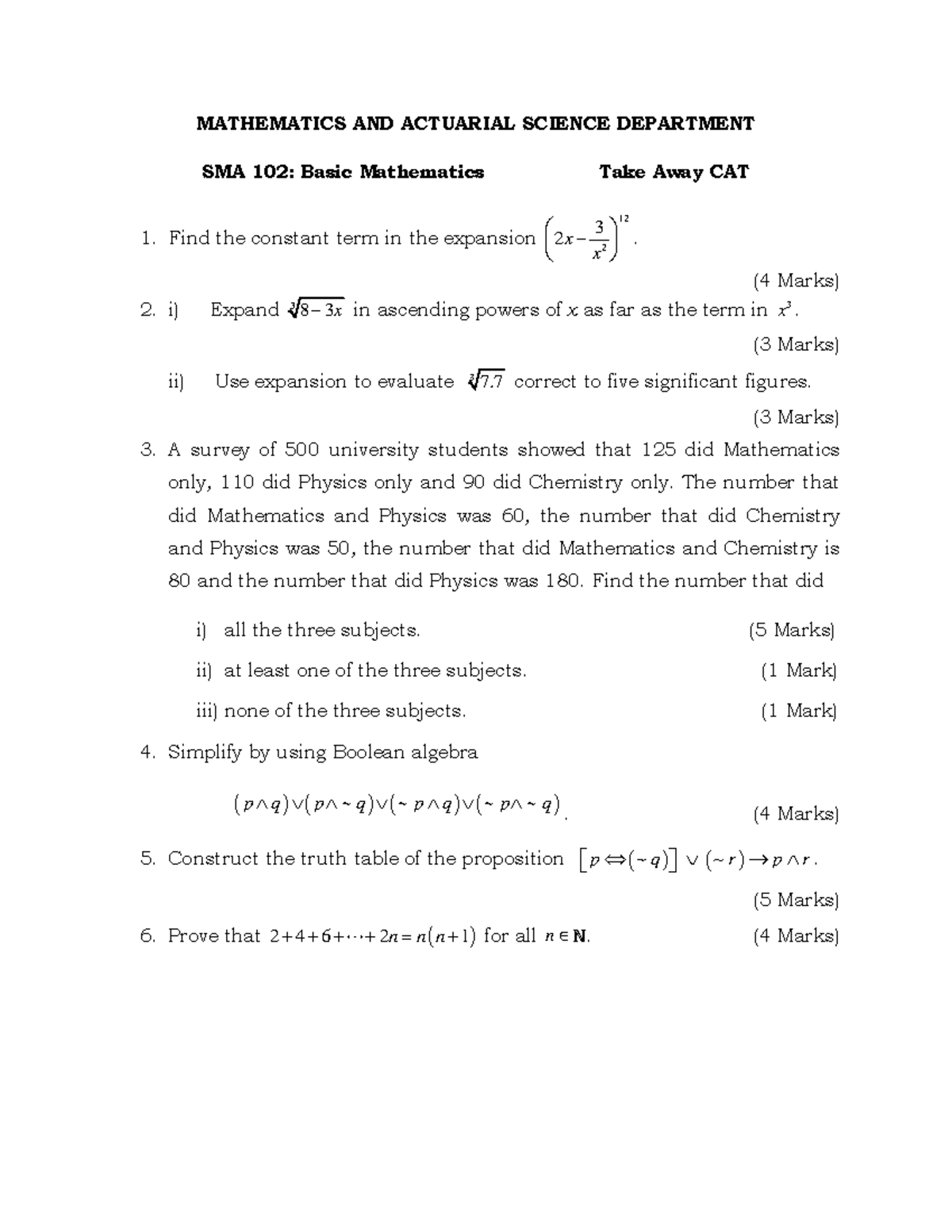 SMA 102 TAKE AWAY CAT - Basic mathematics take away CAT - MATHEMATICS ...