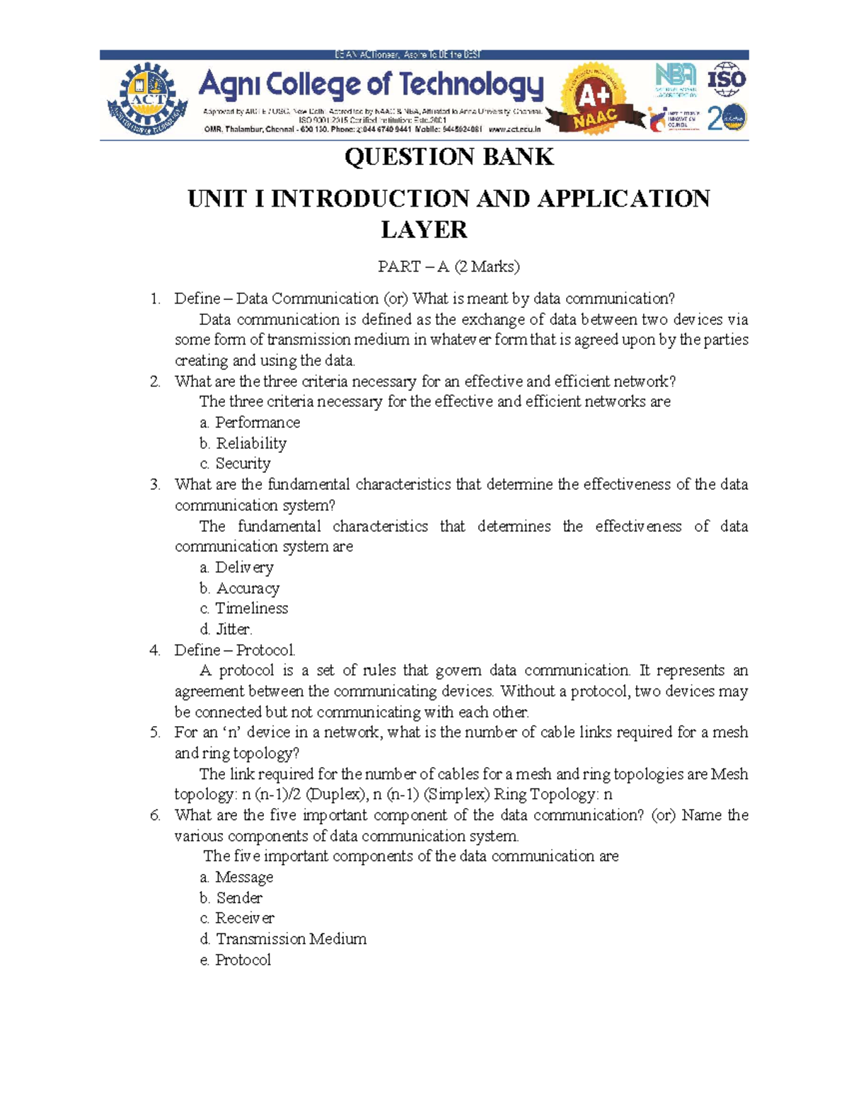 CS3591 Computer Networks Question Bank: Key Concepts and Topics - Studocu