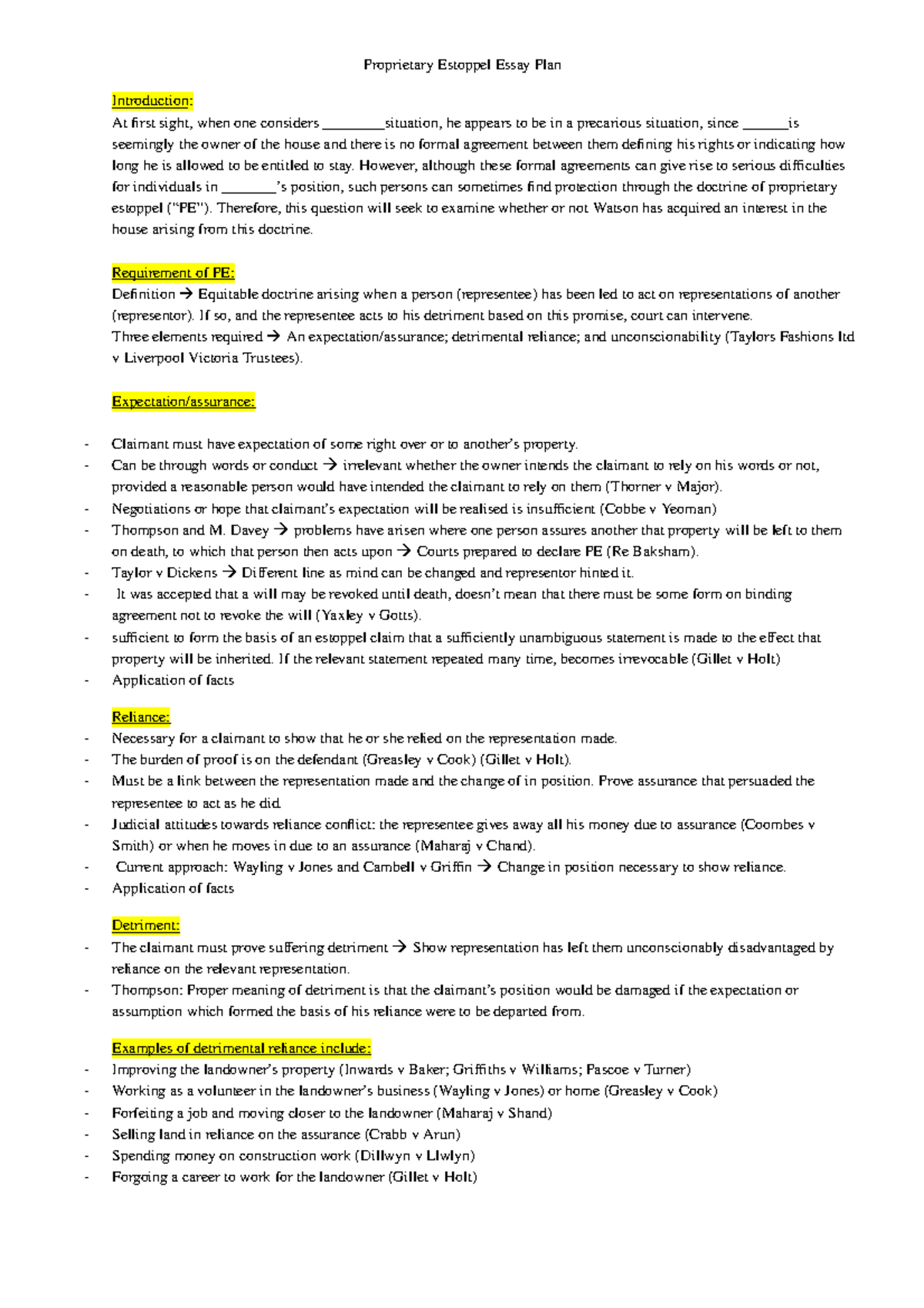 Prop Estoppel Exam Plan & Analysis: Key Concepts & Case Law - Studocu
