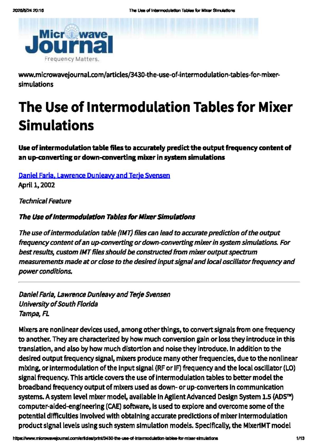 20:15 Final Exam Study on Intermodulation Tables for Mixer Simulations ...