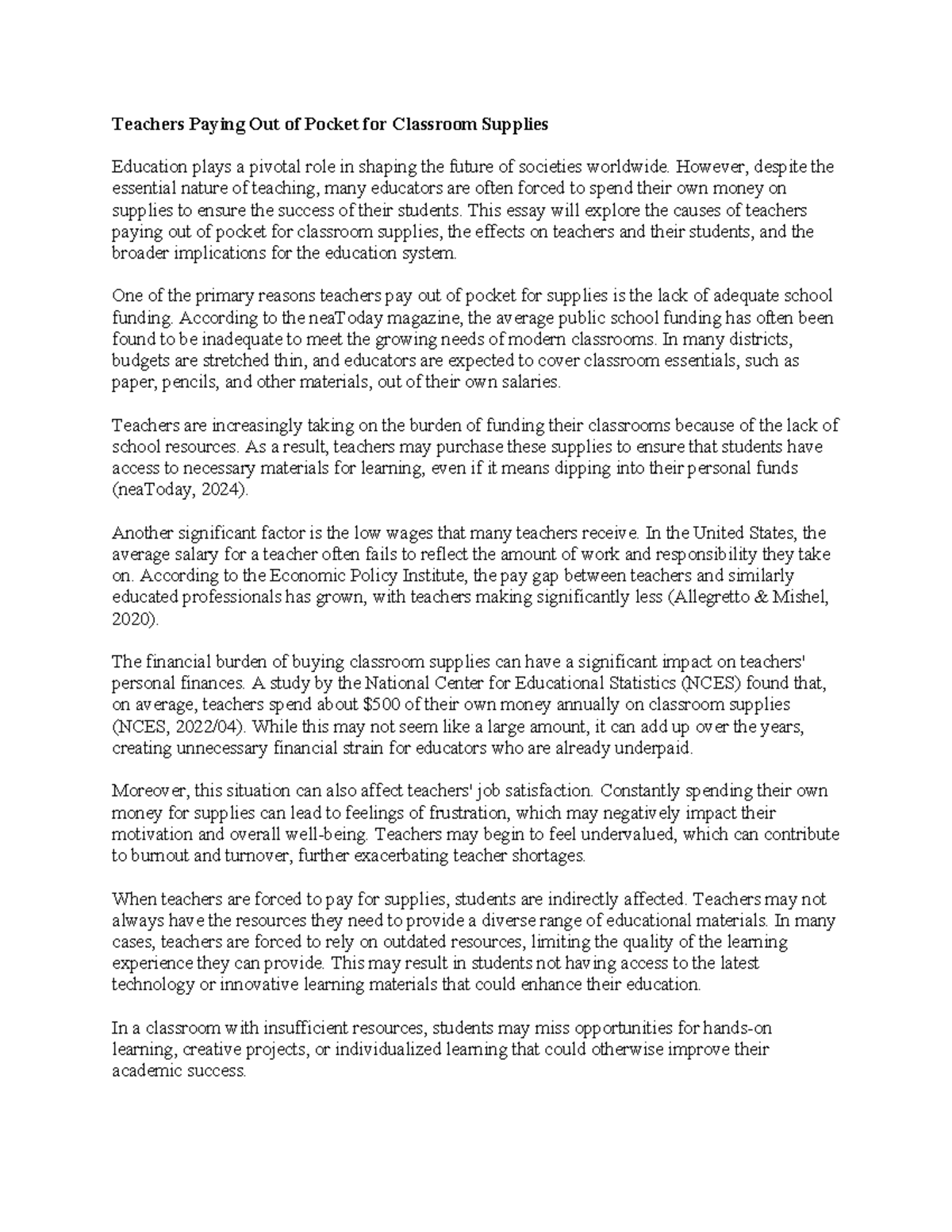 D269 Task 2 - Essay on Teachers Funding Classroom Supplies - Studocu