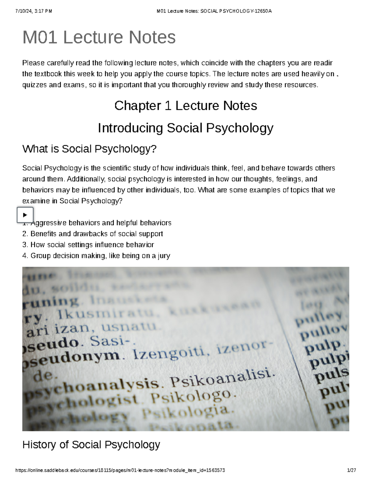 M01 Lecture Notes on Social Psychology Concepts and Theories - 12650 A ...