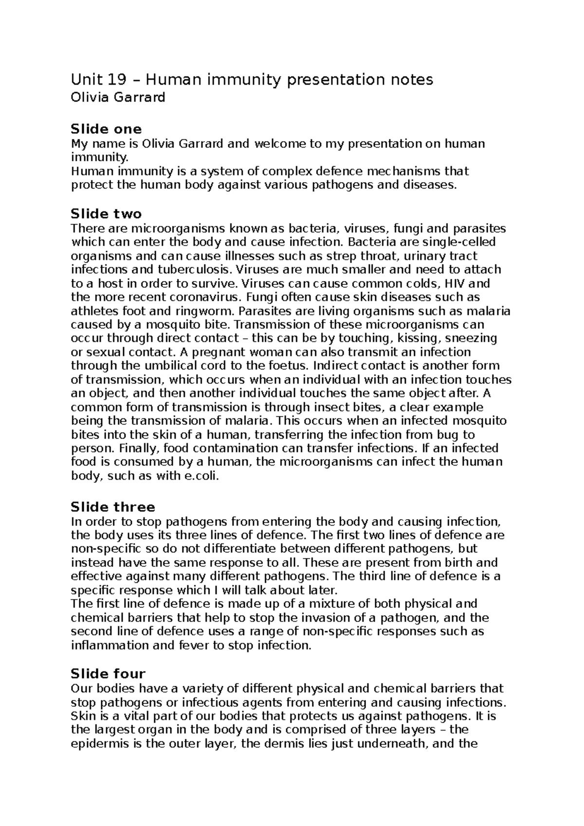 Unit 19 - Human Immunity Presentation Notes by Olivia Garrard - Studocu