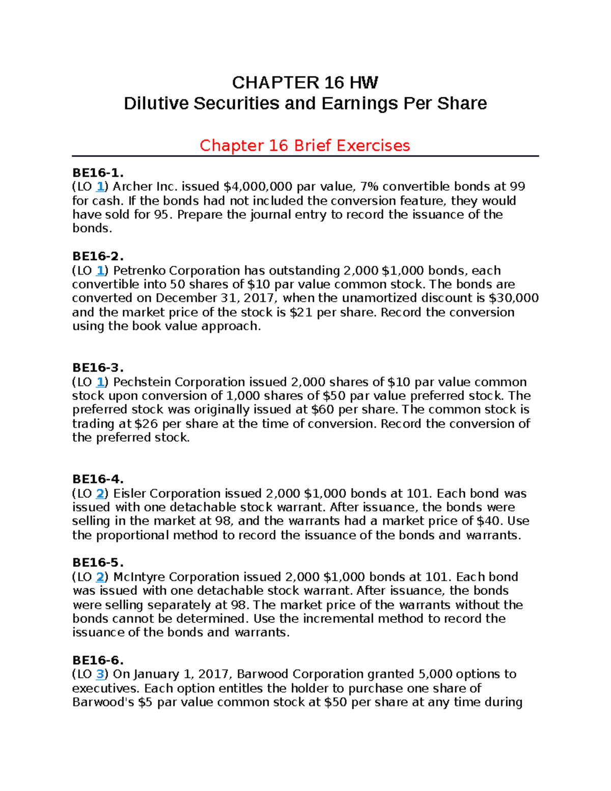 Accounting 301B, Chapter 16 Homework: Dilutive Securities & EPS ...