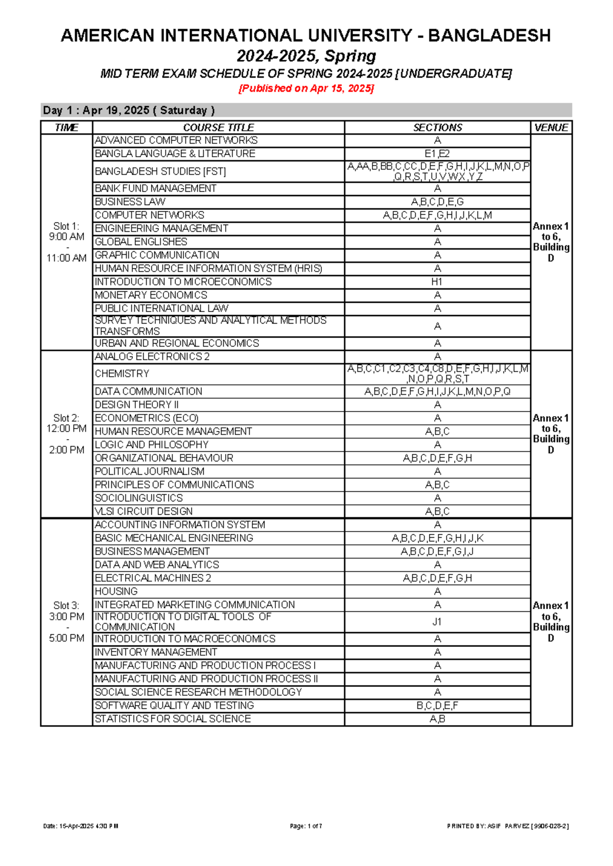 AIUB Spring 2025 Midterm Exam Schedule: April 15-26 - Studocu
