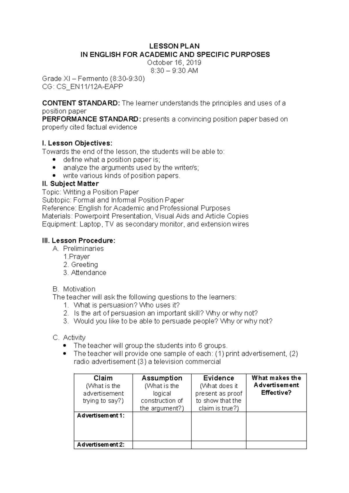 441891192 COT LP EAPP - Lesson Plan on Writing Position Papers - Studocu