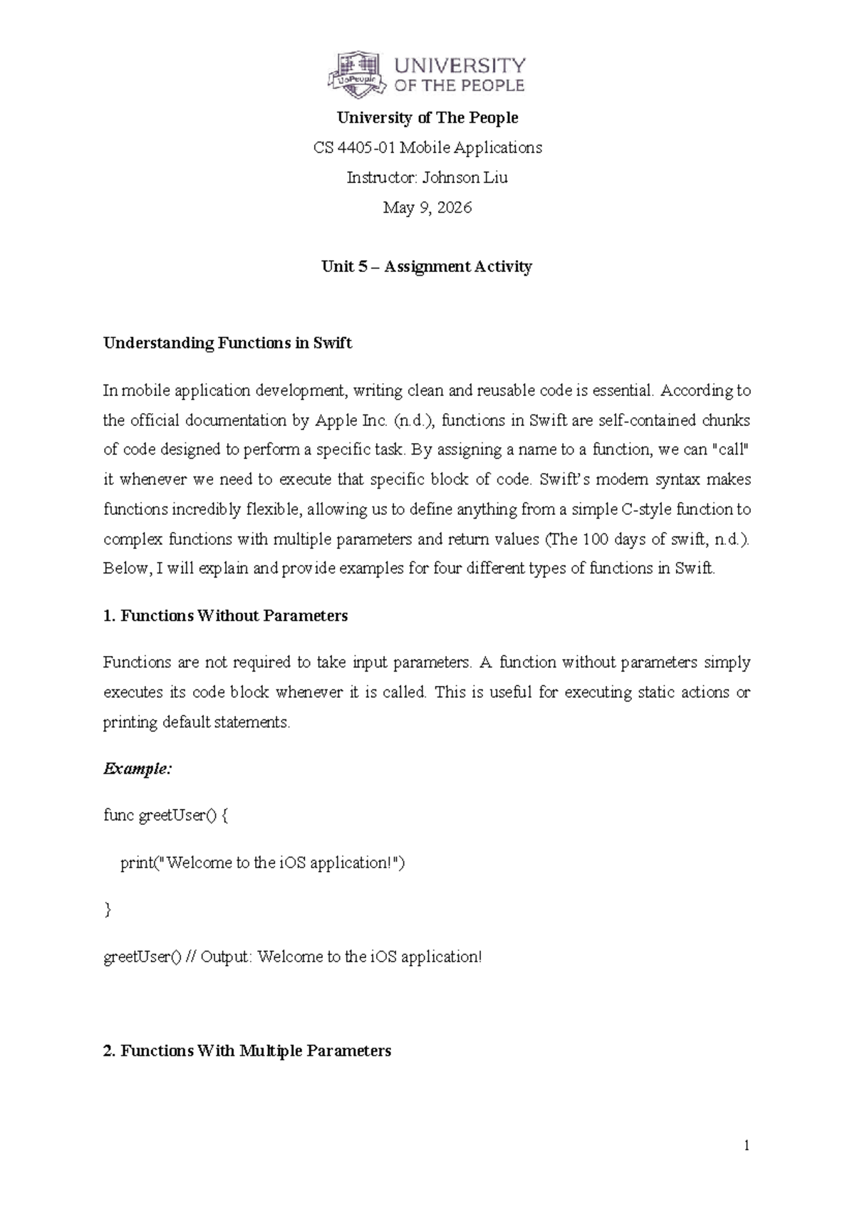 Unit 5 Assignment Activity: Understanding Functions in Swift (CS 4405 ...
