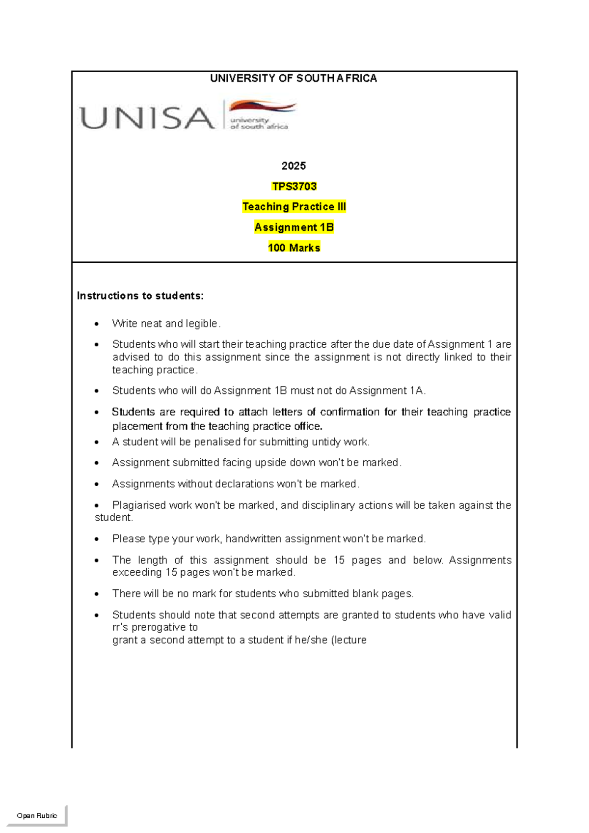 TPS3703 Teaching Practice Assignment 1B Guidelines 2025 - Studocu