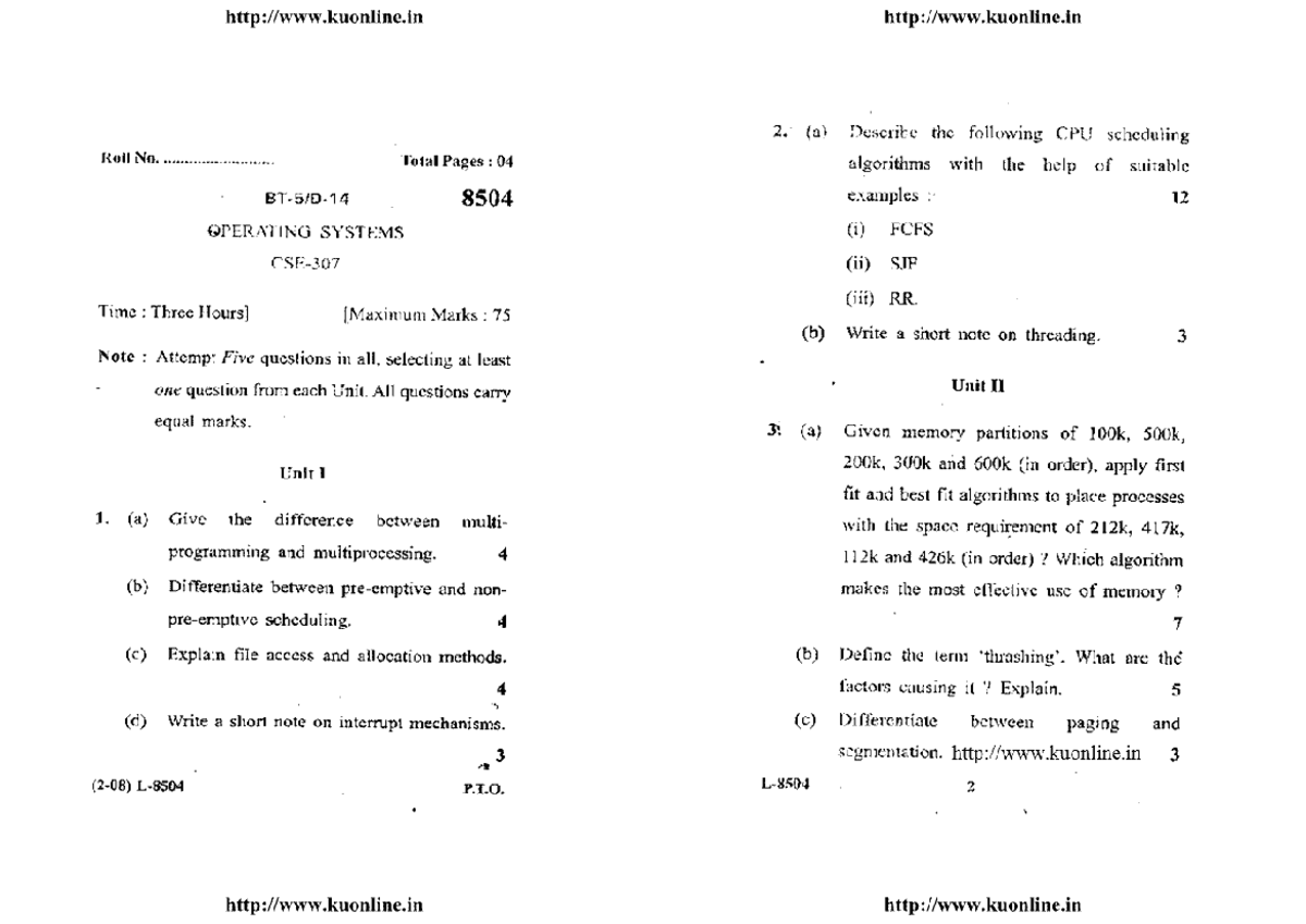 BTech CSE 5th Sem OS 8504 Dec 2014 Exam Notes & Questions - Studocu