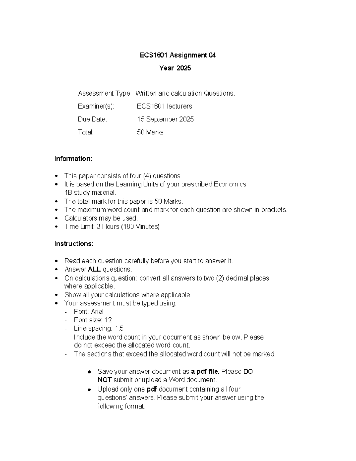 ECS1601 Assignment 04: Economics Analysis & Calculations (2025) - Studocu