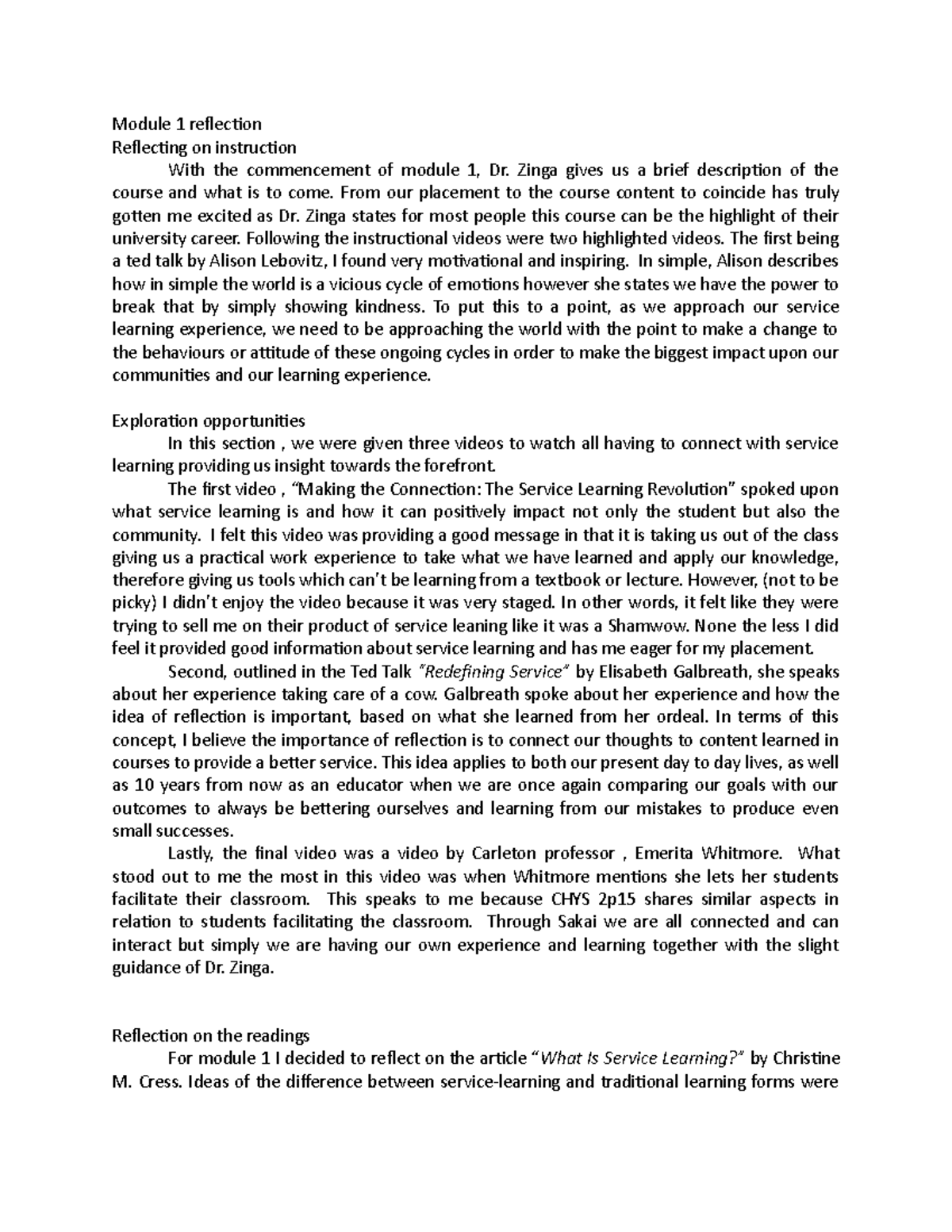 Module 1 Reflection: Exploring Service Learning in CHYS 2P15 - Studocu
