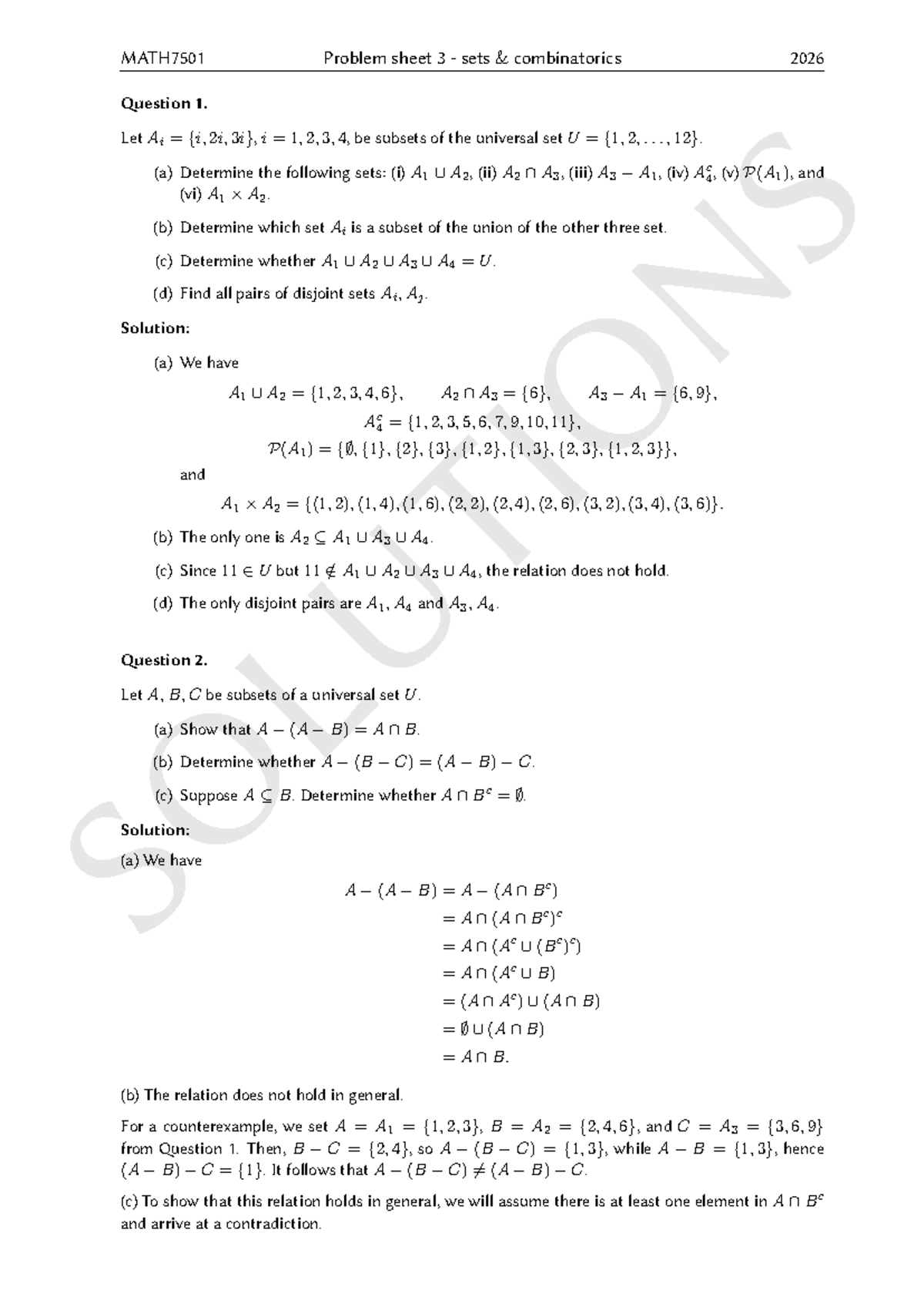 MATH7501 Problem Sheet 3: Sets and Combinatorics Solutions - Studocu