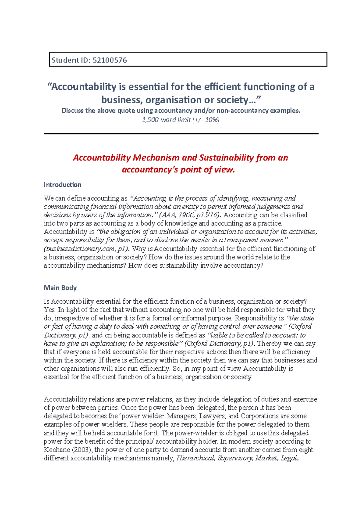 Accounting and Accountability Essay - Course 1011 Analysis - Studocu